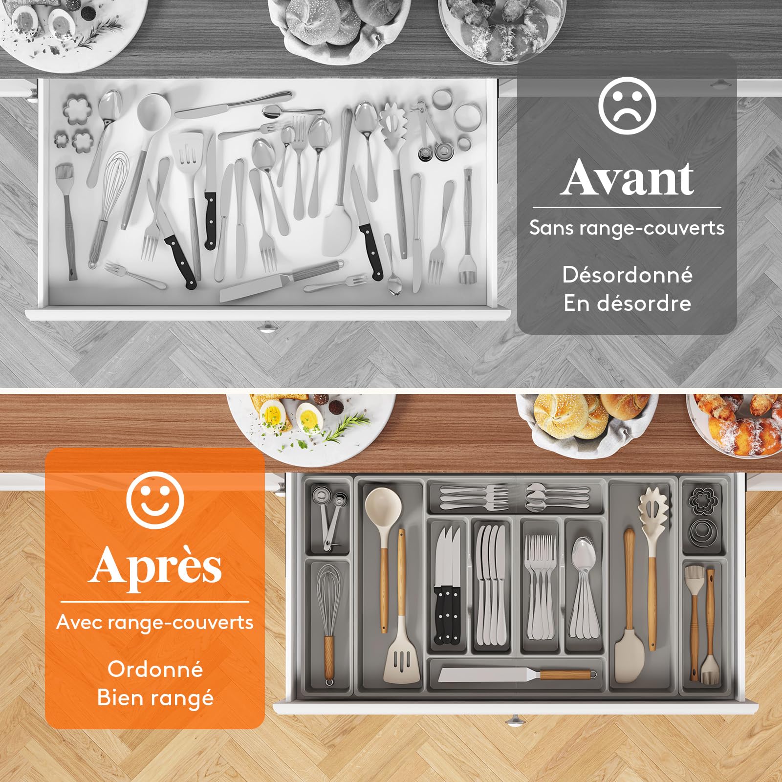 Lifewit Organisateur Couverts Cuisine, 81.6 × 42 cm Rangement Couverts pour Tiroir de 90 cm, Porte-Ustensiles de Cuisine Amovible, Plastique Support Argenterie, Couteaux, Bureau Accessoires, Gris