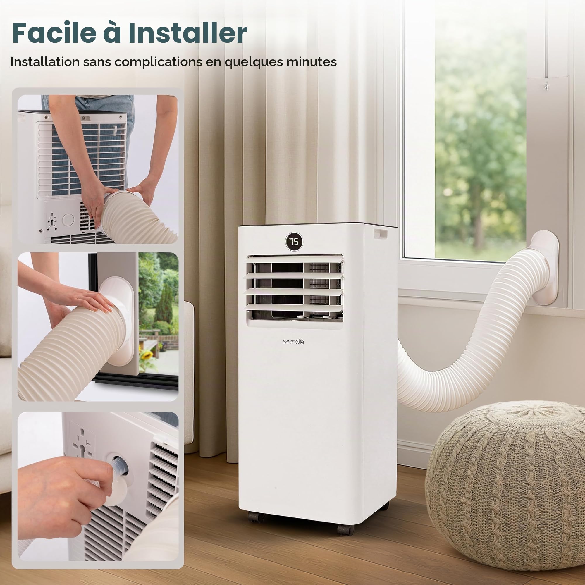 SereneLife Climatiseur Mobile 9000 BTU 2,34 kW Chauffage – Climatiseur Portable avec Évacuation, Ventilateur et Déshumidificateur, Compact avec Télécommande et Kit Fenêtre Gris