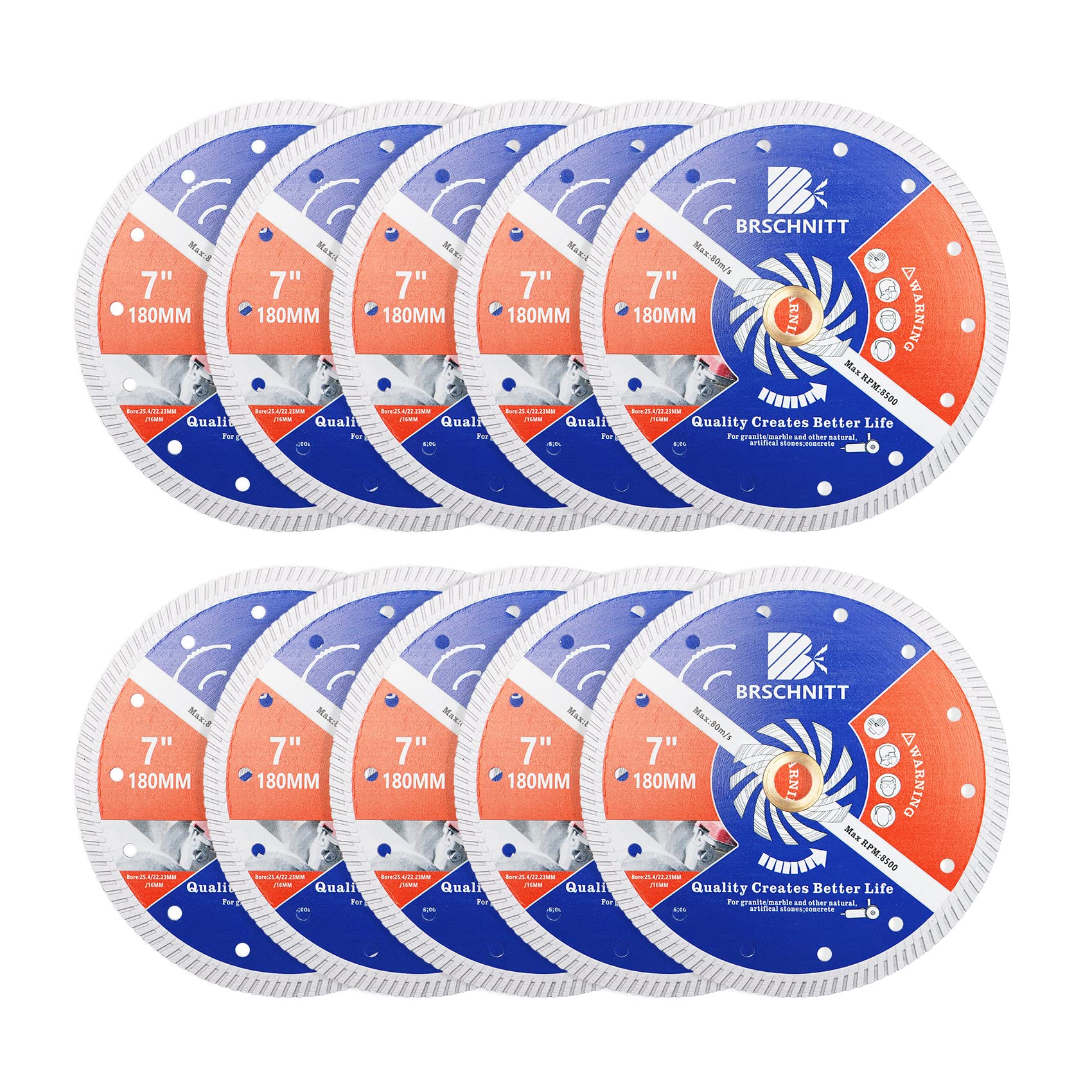 BRSCHNITT Diamond Blade for Concrete Masonry,10pcs 180mm with Arbor 25.4mm-22.23mm-16mm Dry/Wet Continuous Rim Diamond Cutting Disc for Granite Marble Stone Hard Concrete Reinforced Concrete