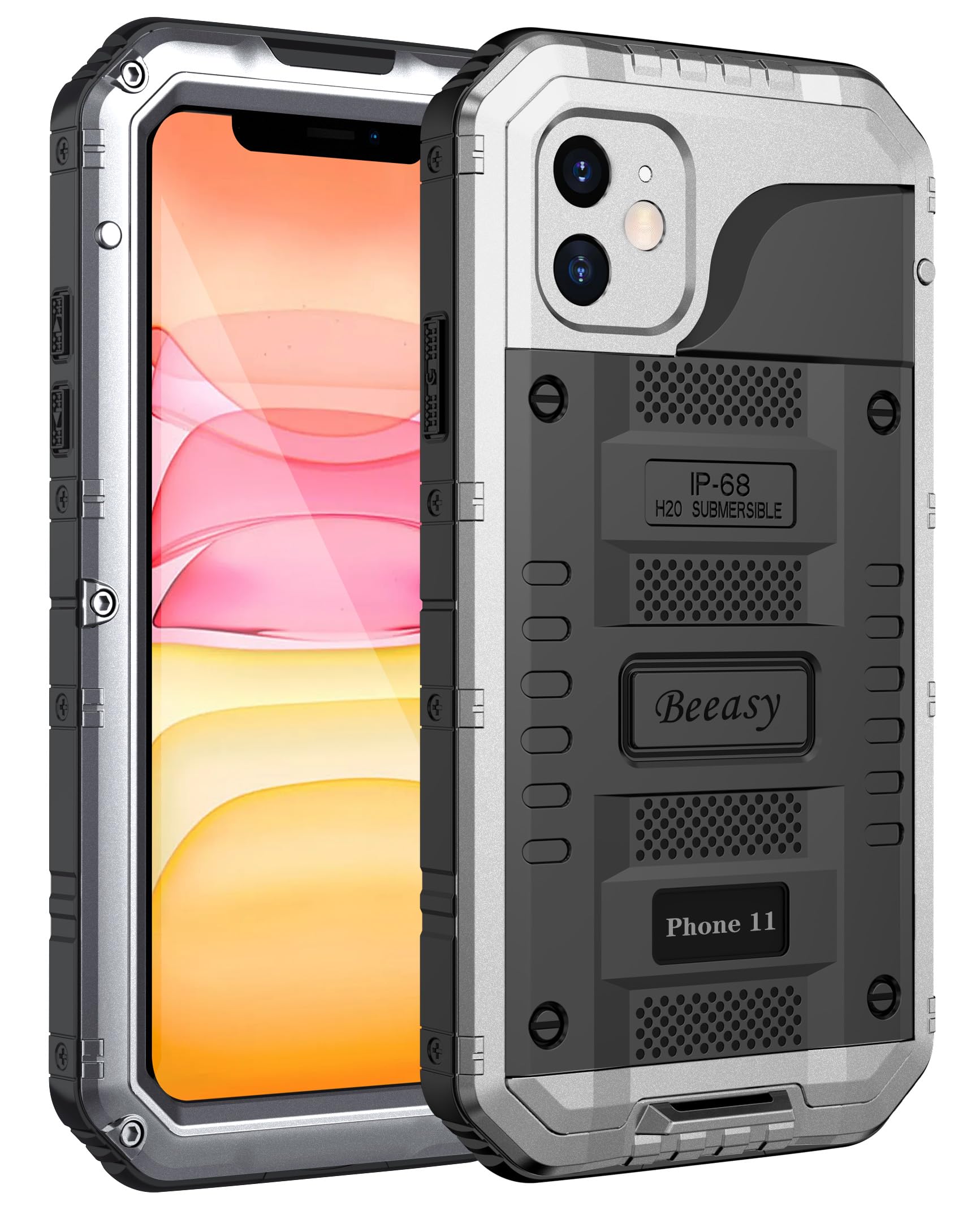 Beeasy Funda para iPhone 11 Impermeable Antigolpes Militar Metálica - IP68 Waterproof Agua Sumergible Acuatica, 360 Grado Completa Protectora, Irrompible Resistente Armor Carcasa, Plateado