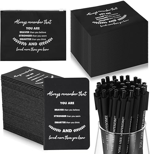 Seajan Regalos inspiradores a granel, 50 bolígrafos inspiradores, 50 bloc de notas motivacionales, 50 bolsas de maquillaje para mujeres y hombres