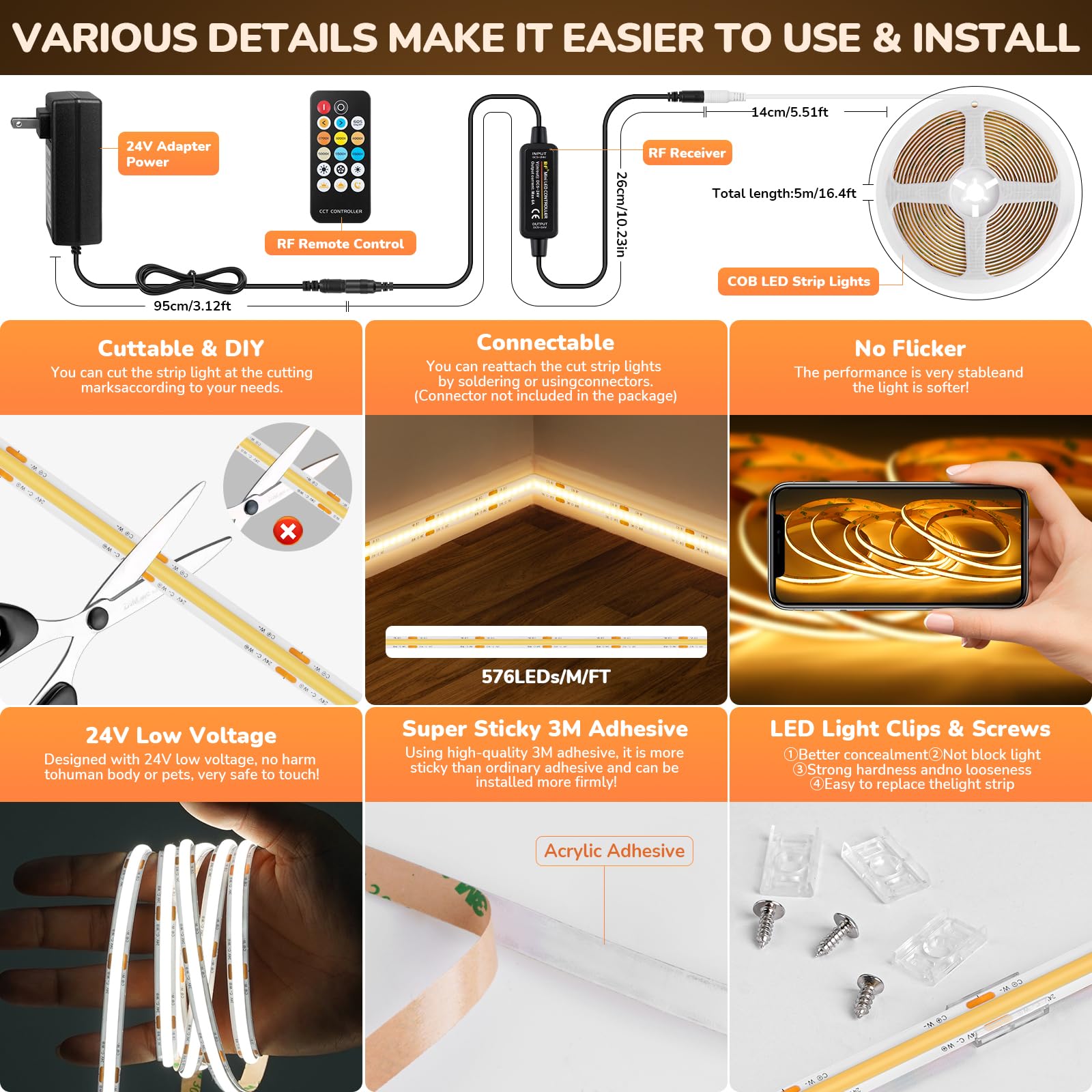 COB LED Strip Lights 16.4ft/5m, High Density Super Bright 2880LEDs Flexible COB LED Lights with RF Remote,Dimmable 2700K-6500K CRI90+ 24V DIY Tape Light Kit with 24V Power Supply, for Home Office