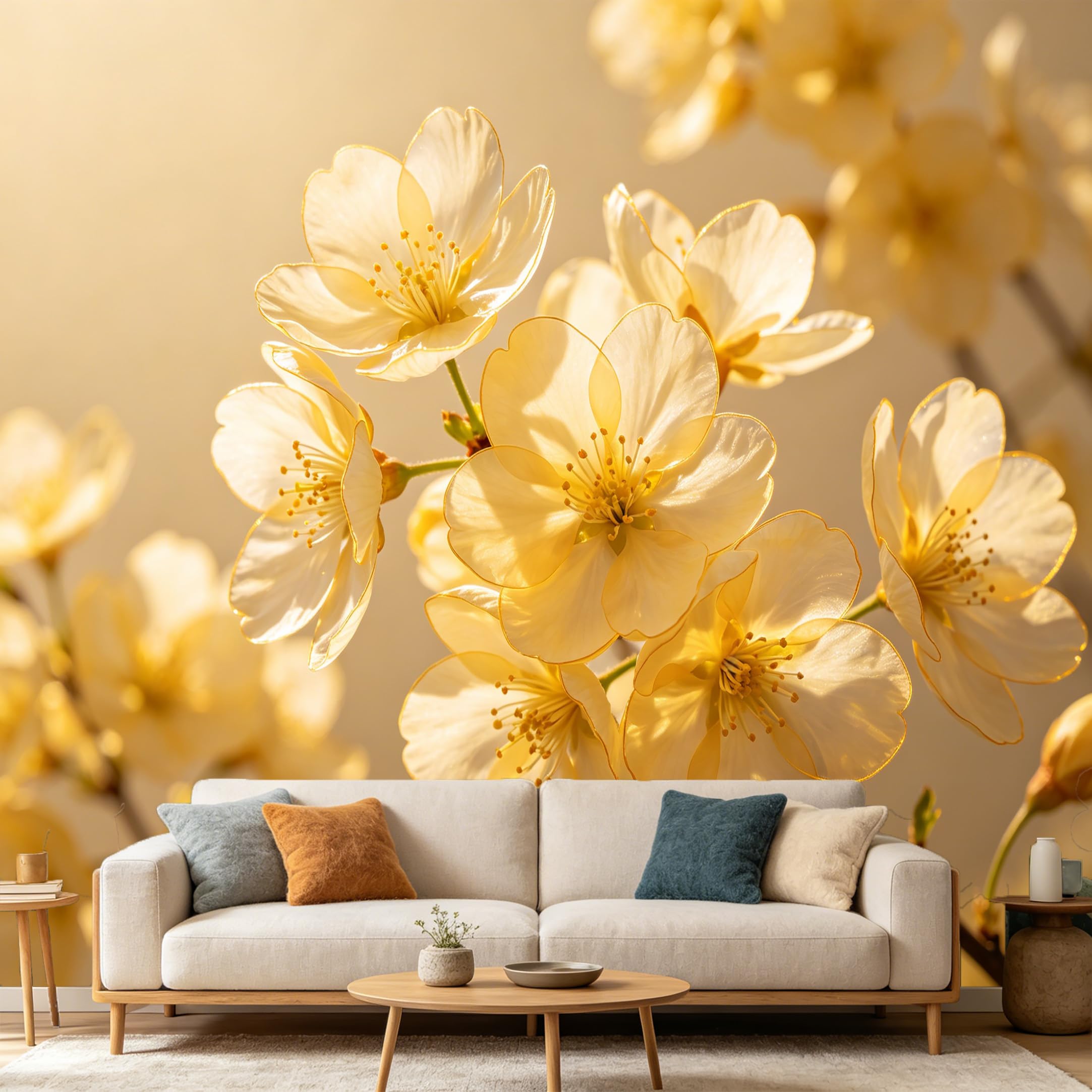 Custom Size Wall Mural Botanical Floral Sakura Cherry Blossom SelfAdhesive Art Prints wall Fabric（No PVC） Removable Wallpaper Home Bedroom Decor Large Mural Nature Wall Art