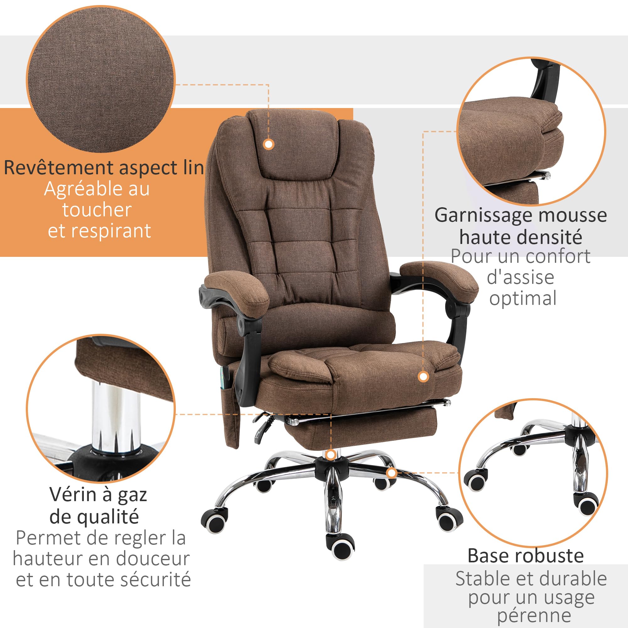 Vinsetto Bürosessel Massagegerät beheizbar ergonomischer Bürosessel höhenverstellbar Rückenlehne neigbar Fußstütze + integriertes Lendenkissen braun