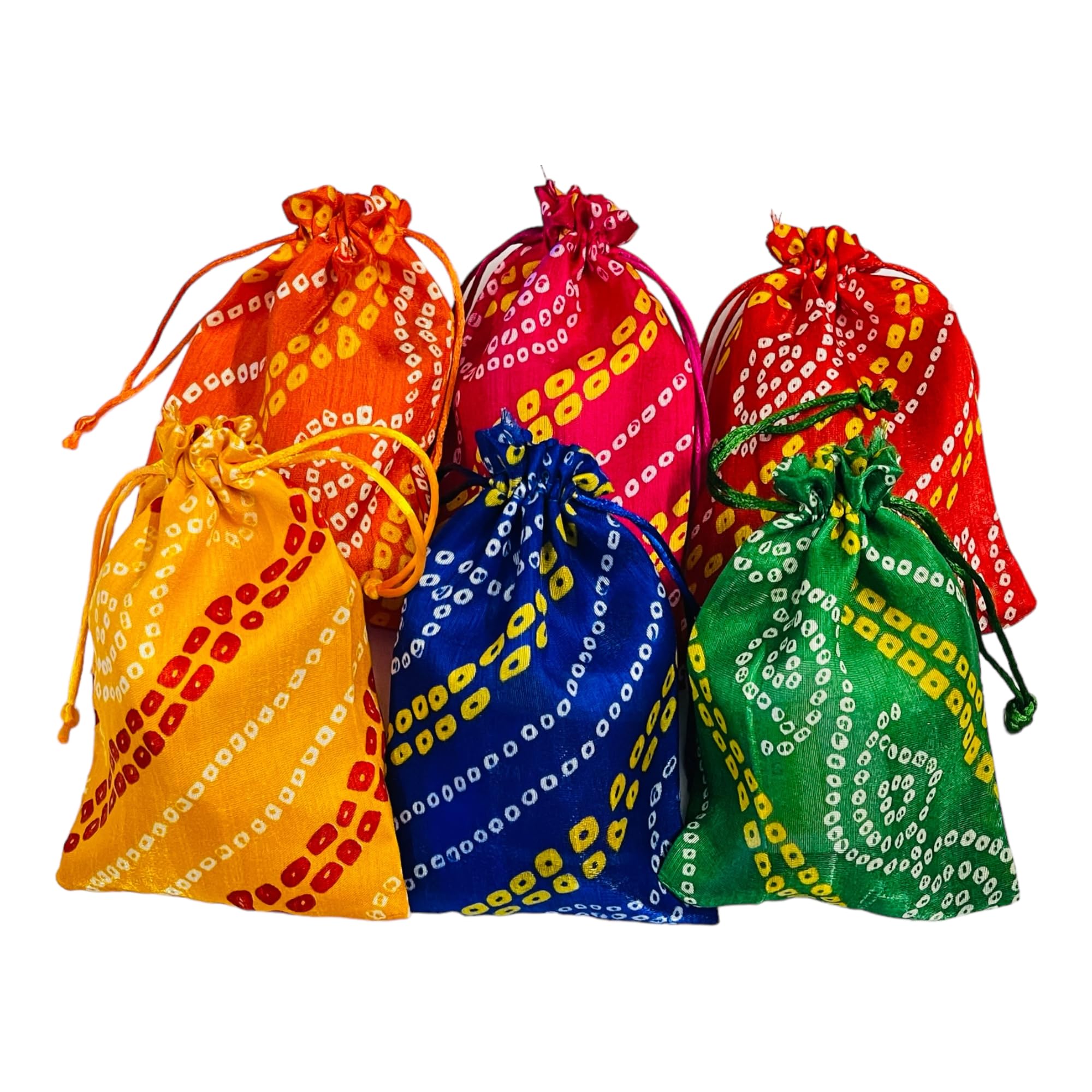 KRIWIN Pack of 30pcs Bandhej Print Silk Potli Bags, 12 x 18 cm, Multicolour Gift Pouches for Cash and Jewellery-image-2