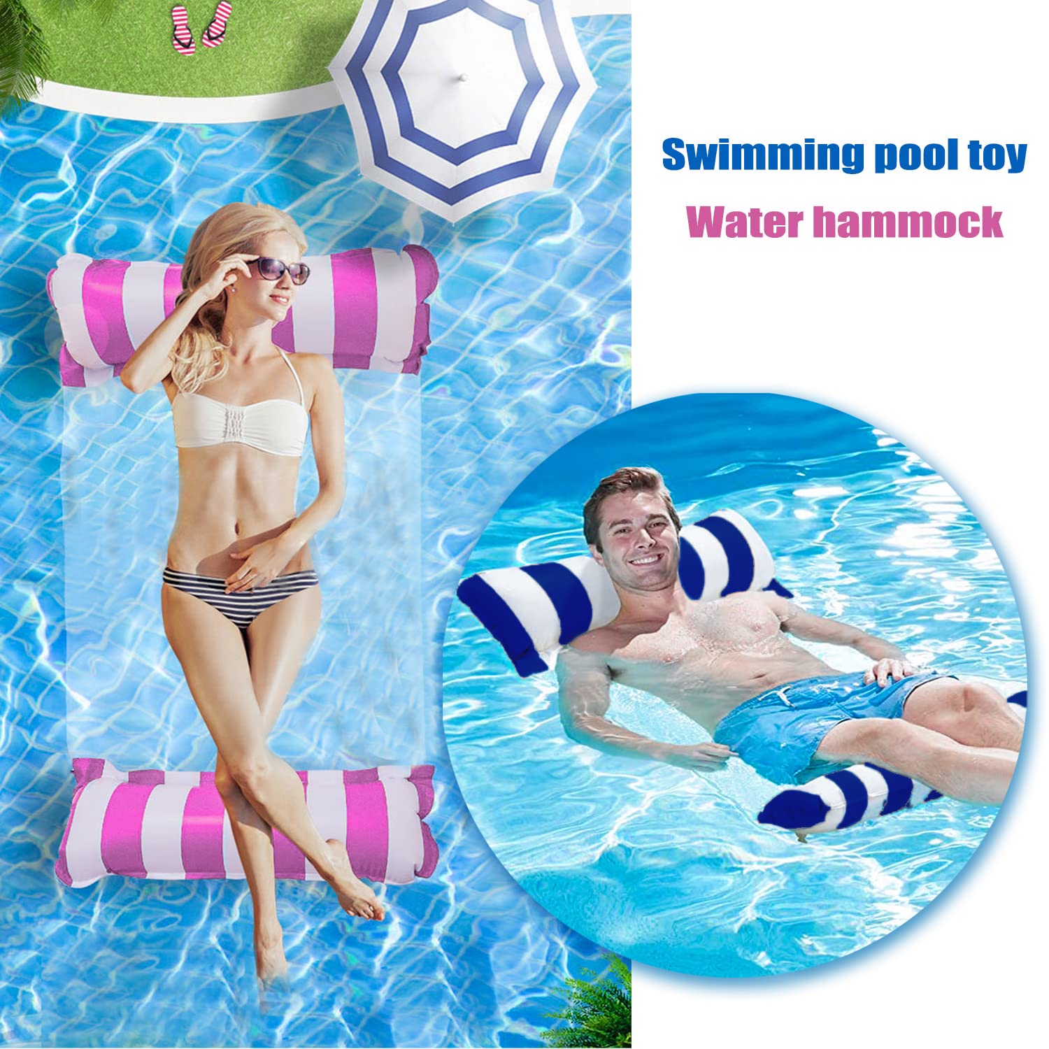 2 Pcs Hamac Flottant Piscine 4-en-1 Gonflable - Rose Et Bleu Marine
