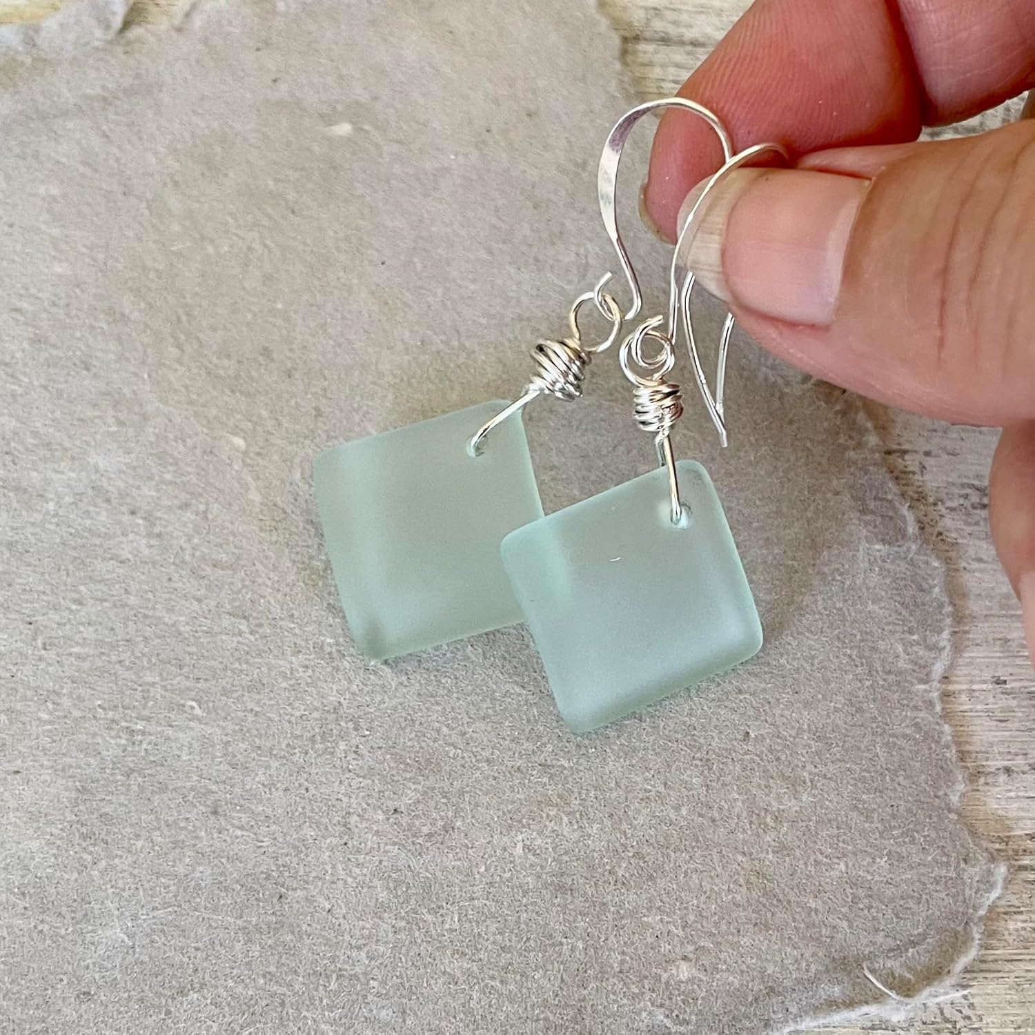 Pale Ocean Mint Green Sea Glass Earrings with Sterling Silver Hooks, Beachy Ocean Jewelry Gift for Women, Handmade by Beach Soul