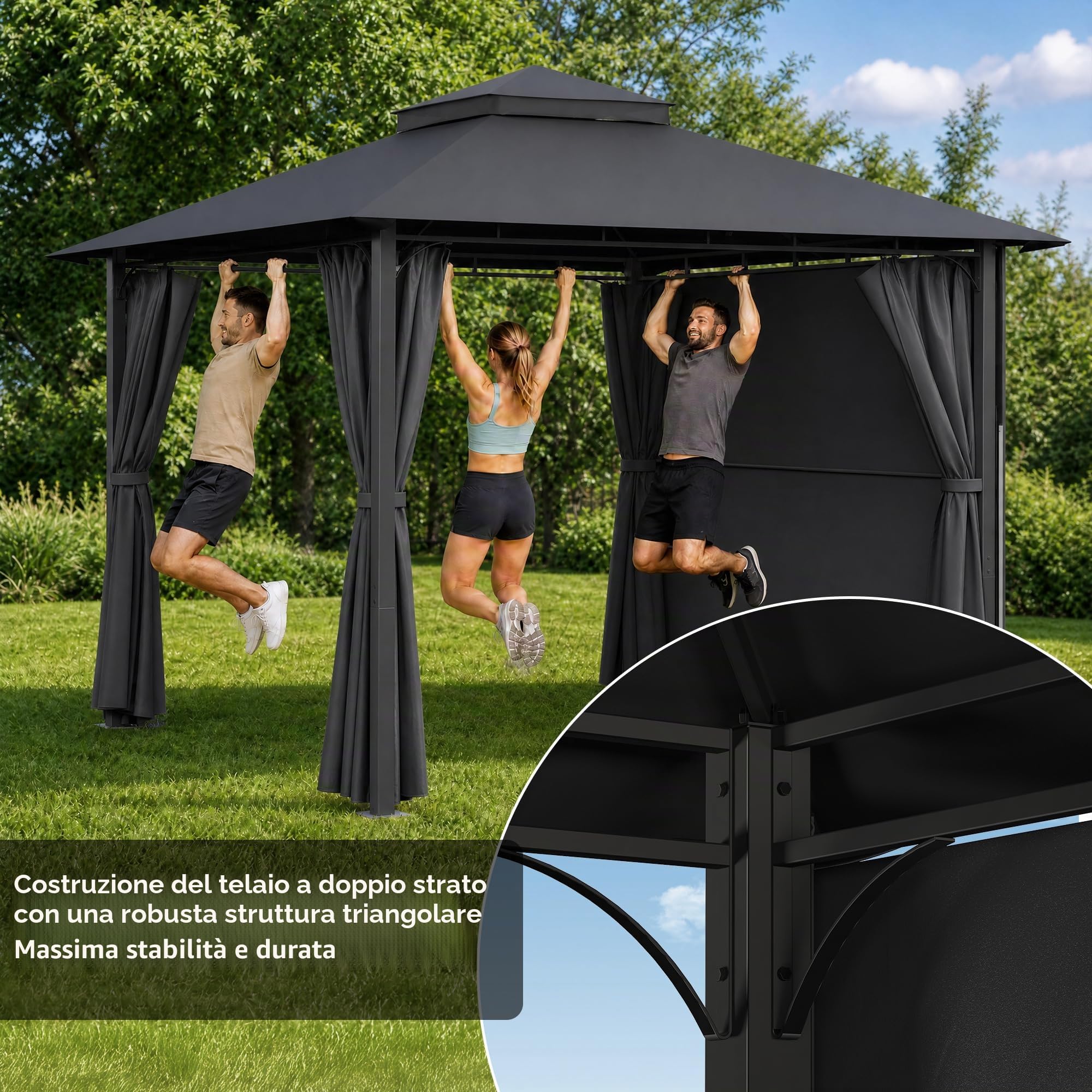 JUMMICO Gazebo da Giardino Esterno 3x3, con Estensione Convertibile in Parete e Tende Laterali Incluse, Tetto a Doppio Strato, Struttura Metallica Resistente alle Intemperie, Ideale per Spazi Esterni