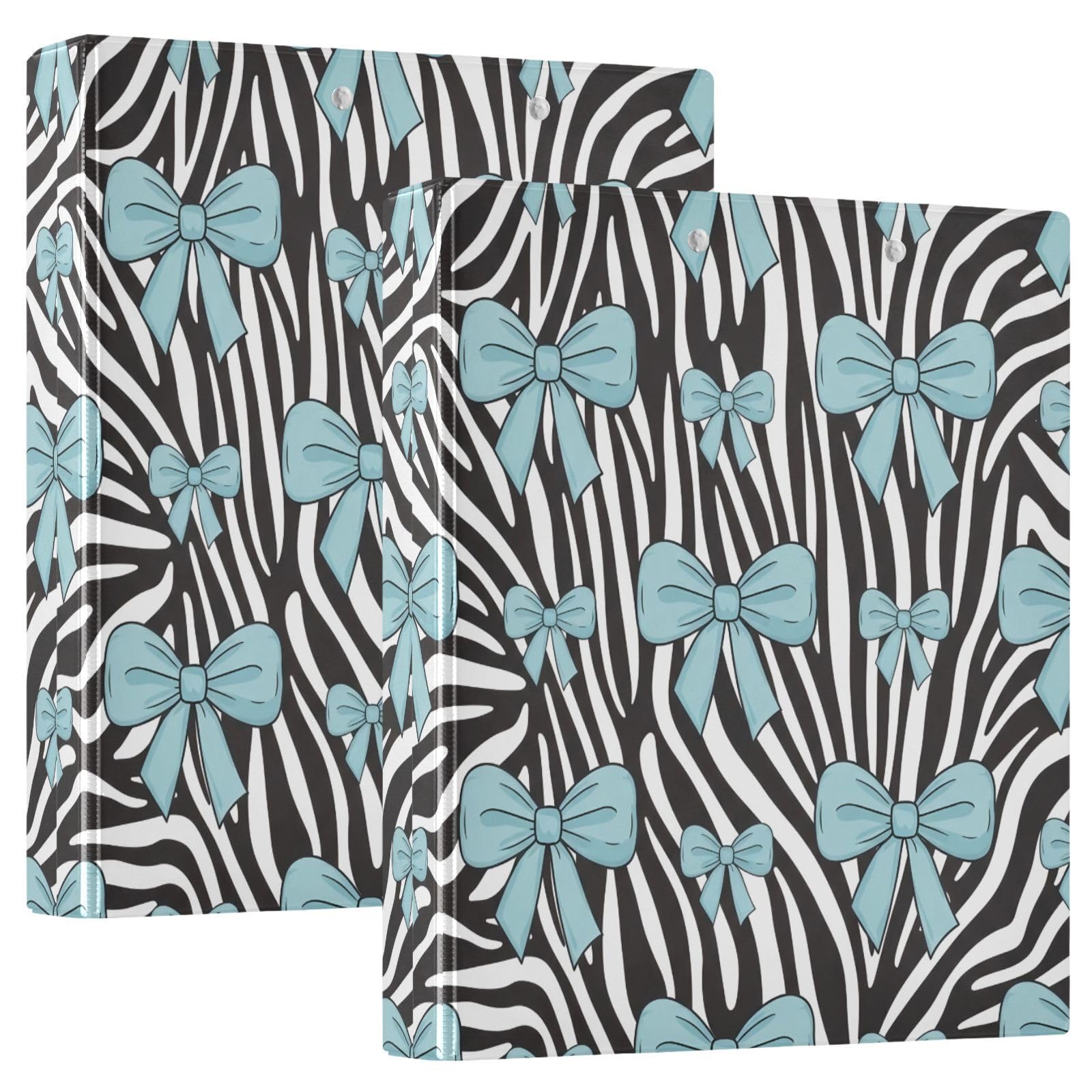 Raccoglitori a 3 anelli, 3,8 cm, con fiocchi azzurri, motivo zebrato, decorativo, rotondo, con clip in metallo, formato A4, organizer per casa e ufficio, confezione da 2