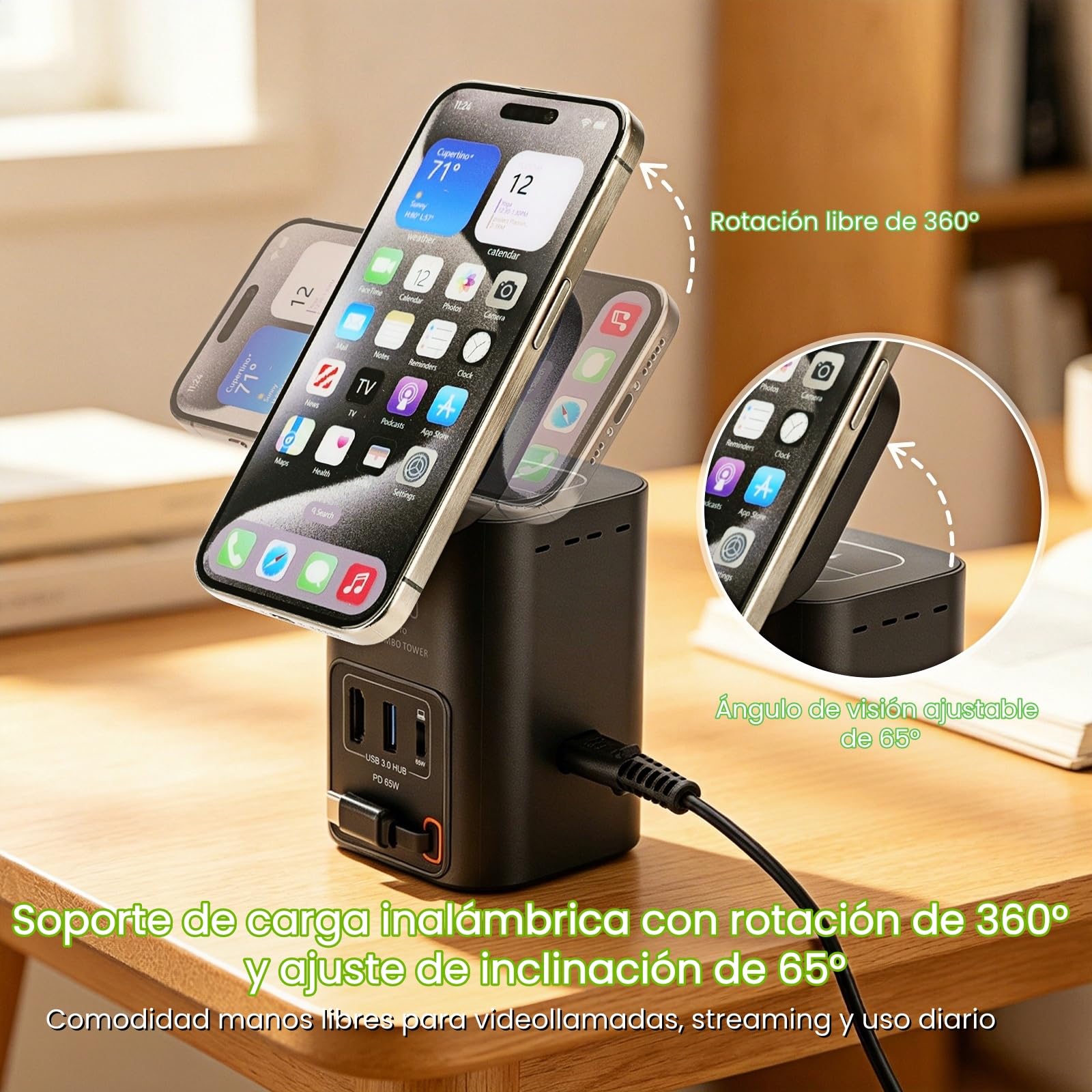 Torre de Carga 6 en 1, Estación de Carga GAN 100W con Cargador Inalámbrico Qi2.2 25W, Cable USB-C Retráctil 65W, Puerto USB-C 65W, HDTV 2.1 8K y Hub USB 3.0 para Oficina y Hogar