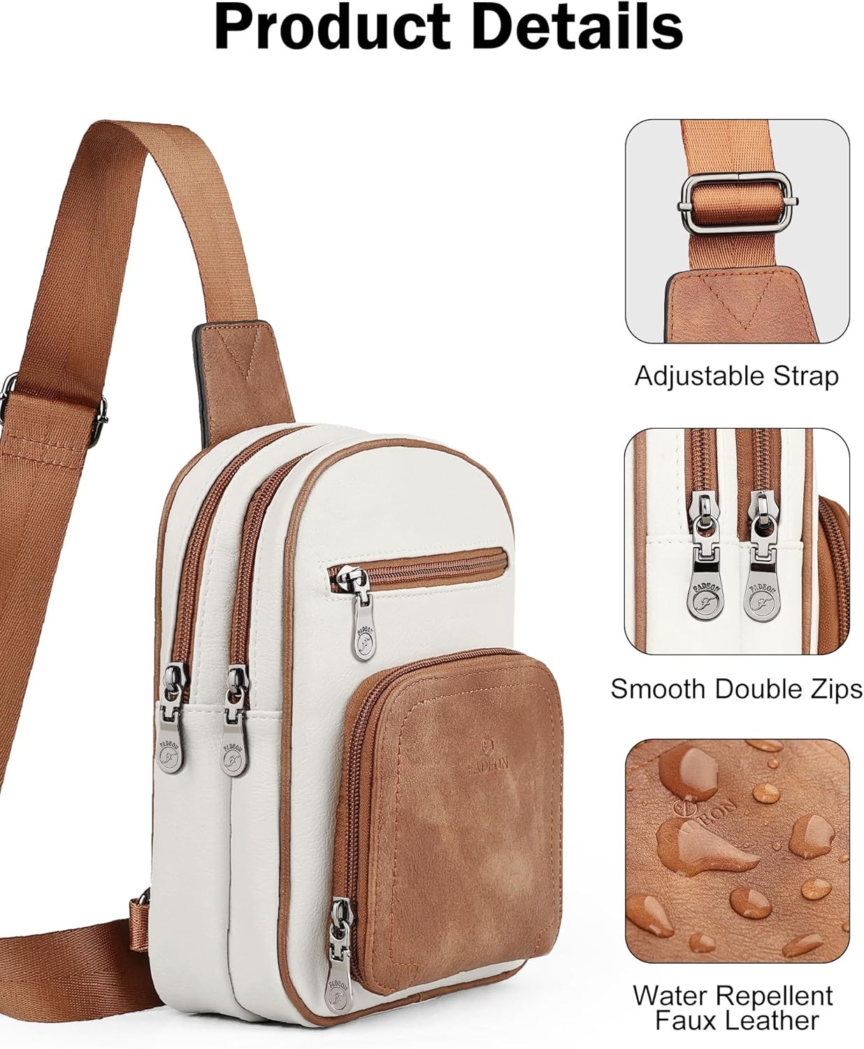 FADEON Women Sling Bags Designer Crossbody Bag, PU Leather Sling Purse Multi-Pocket Packs with Card Slot Beige Brown - Image 6