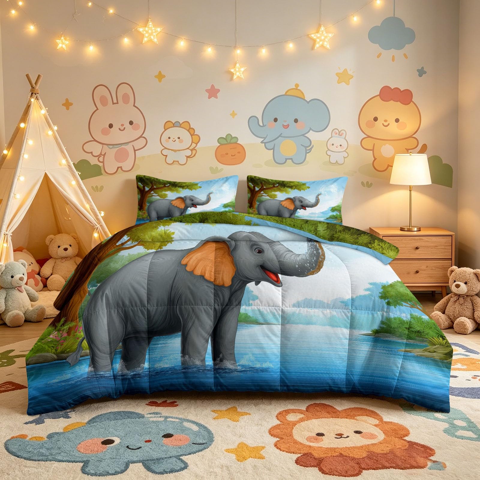 Piumone da 200 x 200 cm, 4 stagioni, motivo foresta, elefante, fiume, caldo, delicato sulla pelle, per tutto l'anno, 200 x 200 cm, con cartoni animati, calmante, senza rivestimento, lavabile, con 2