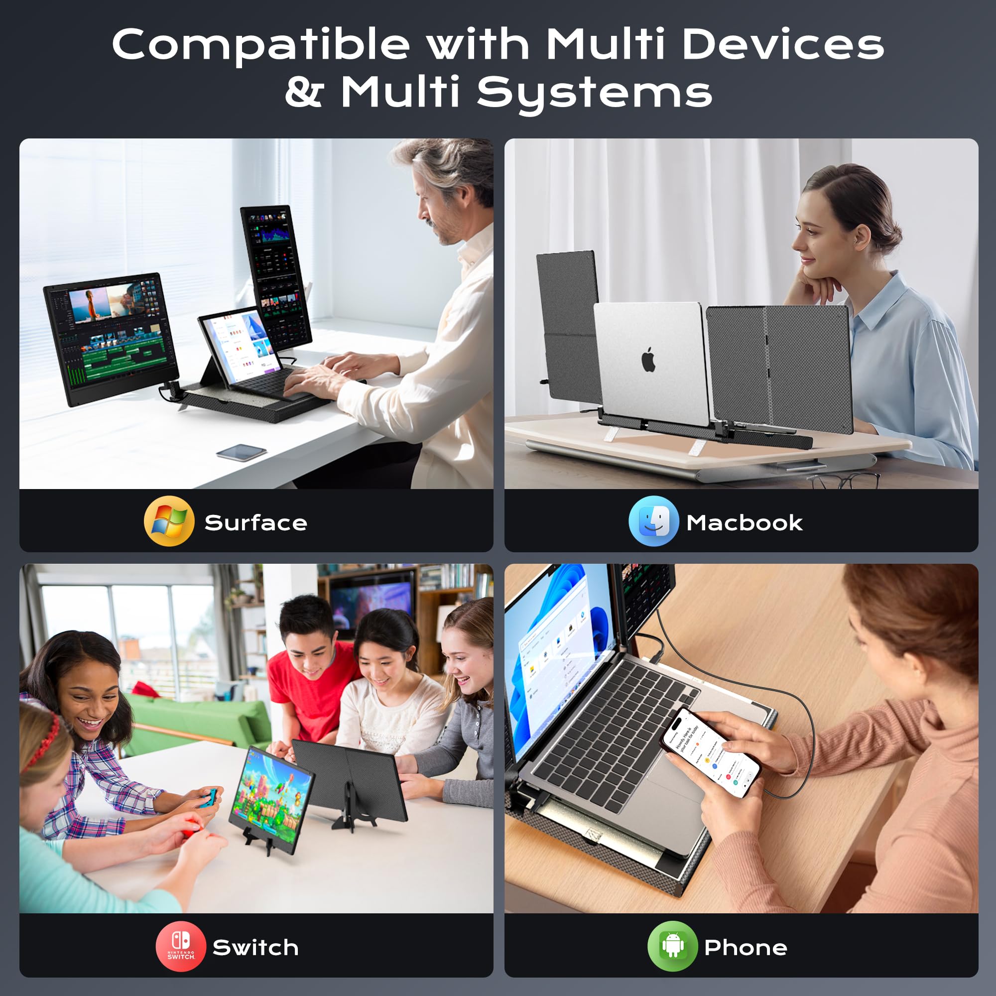 SMISEACOW Monitor portatile per laptop–Rotazione a 360° F3 Monitor portatile triplo, orizzontale e verticale, con supporto, 14 pollici IPS FHD 1080P, compatibile con PS5, Windows/Mac e laptop/Mini PC