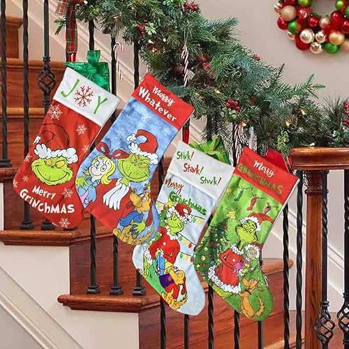 Miniatura 4 de BATERZO Paquete de 6 medias de Navidad Grinchs, divertidas medias de Grinchs, 18 pulgadas, bolsa de regalo grande de Navidad para niños, chimenea,