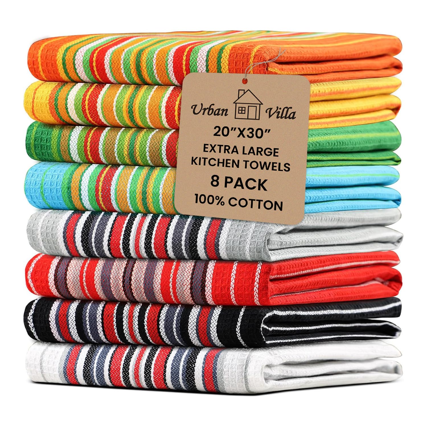 GMSD Kitchen Towels, Premium Quality, 100% Cotton Dish Towels,Mitered Corners,Ultra Soft (Size: 20X30 Inch),Multi Color Waffle Stripes, Highly Absorbent Bar Towels & Tea Towels - (Set of 8)