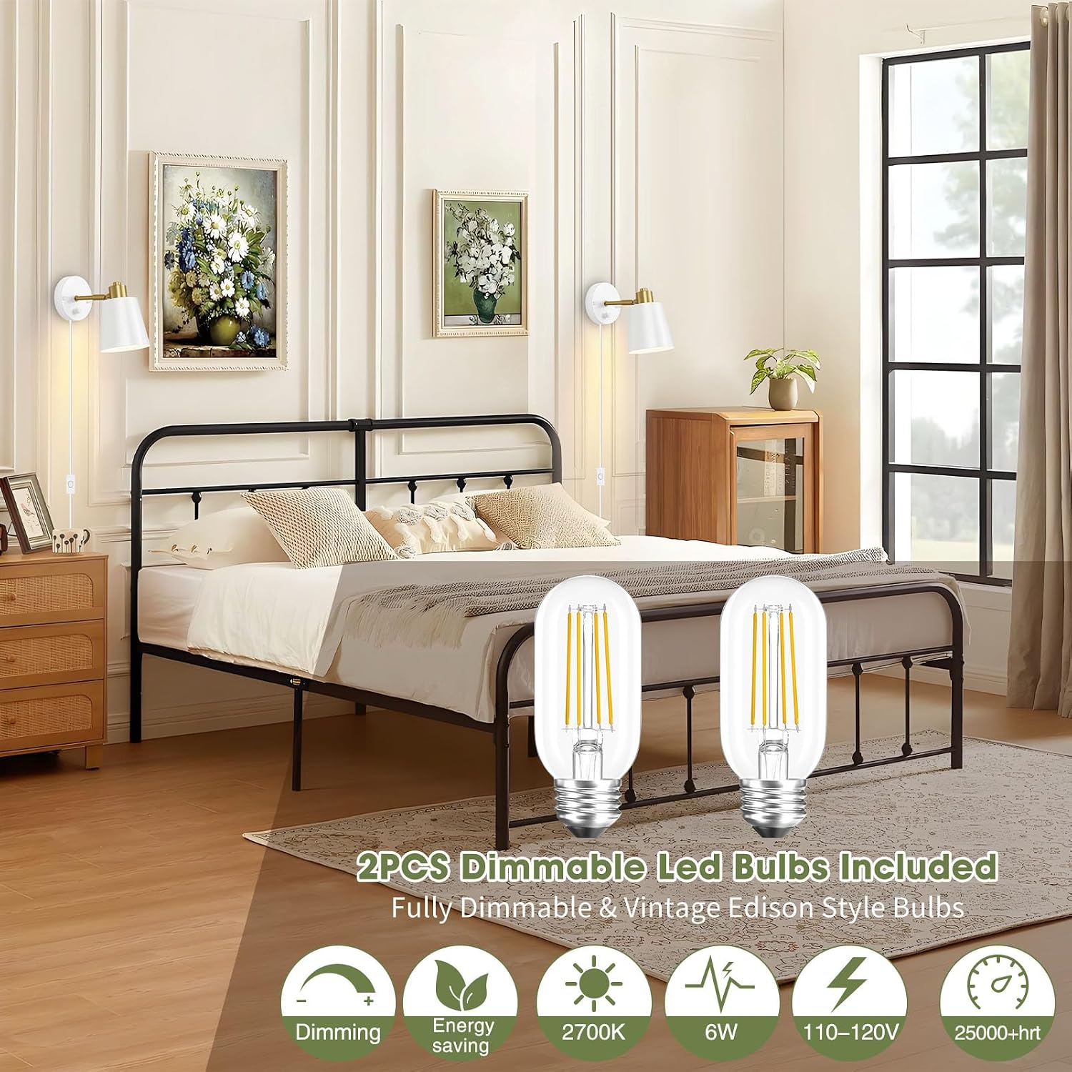 Lomoky Dimmable Wall Sconces Set of 2, Adjustable Angle Wall Lights with Plug in Cord and Dimmer On/Off Knob Switch, Hardwired Indoor White Wall Lamp for Bedside Bedroom Bathroom (2 Bulbs Included)