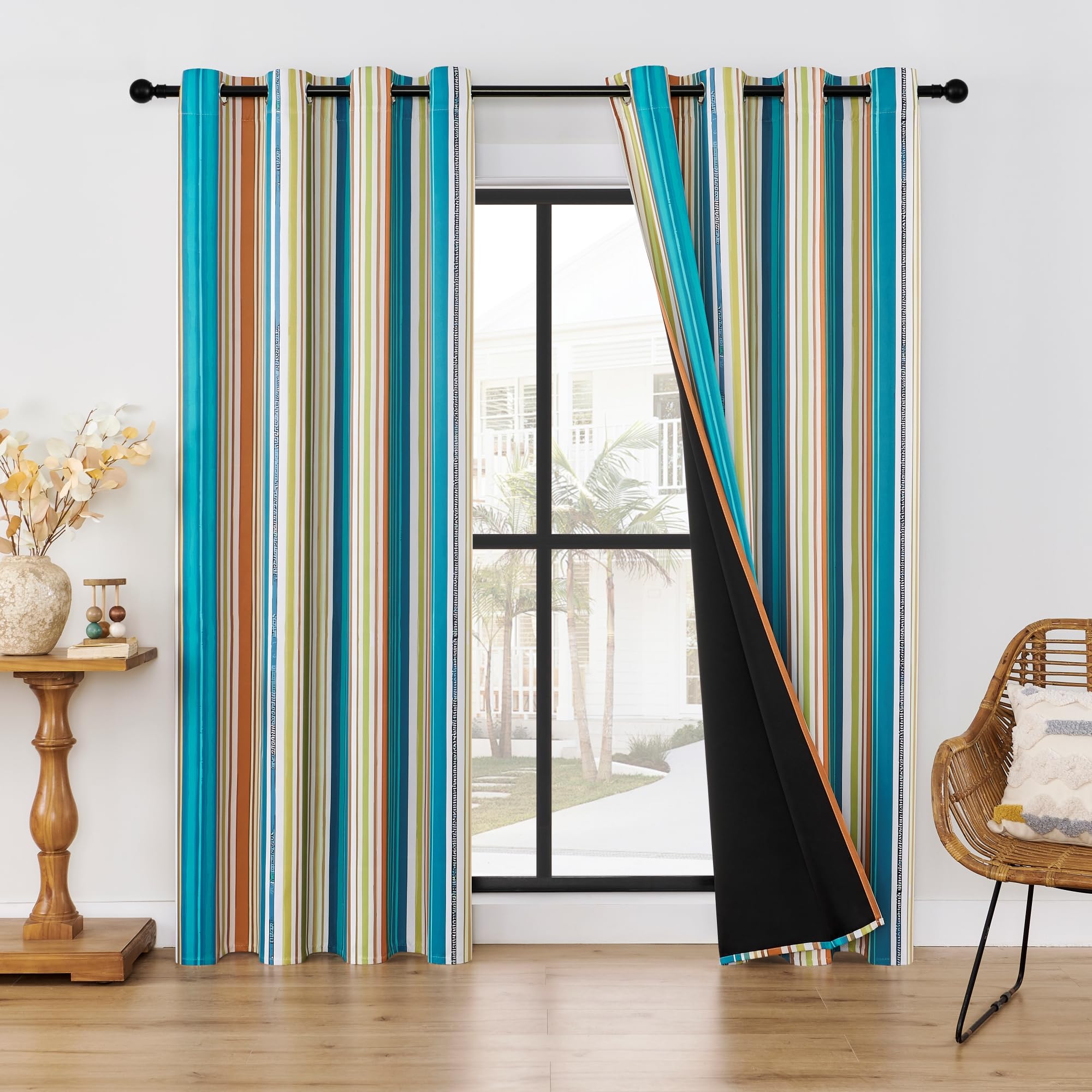 BOHOMOCASA Multicolor Green Blackout Curtains - 2 Panels, Each W52×L84, 100% Blackout, Green Teal Sage and Blue Stripes, Thermal Insulated, Noise Reducing, Perfect for Bedroom, Living Room