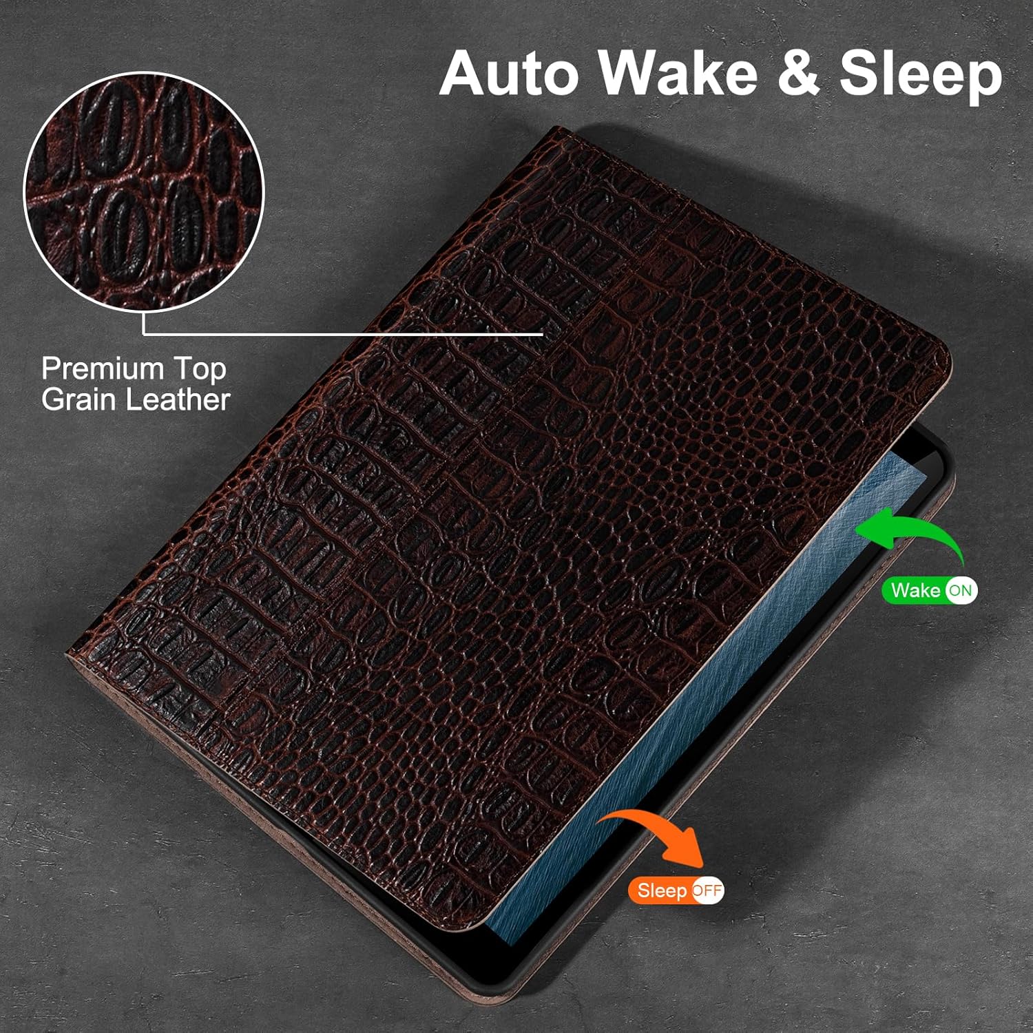 Gexmil Leather Case for iPad 10.2 Inch, 9th/8th/7th Gen 2021/2020/2019,Premium Cowhide Folio Cover with Pencil Holder, Auto Wake/Sleep,Adjustable Stand, Anti Fingerprint,Brown Crocodile