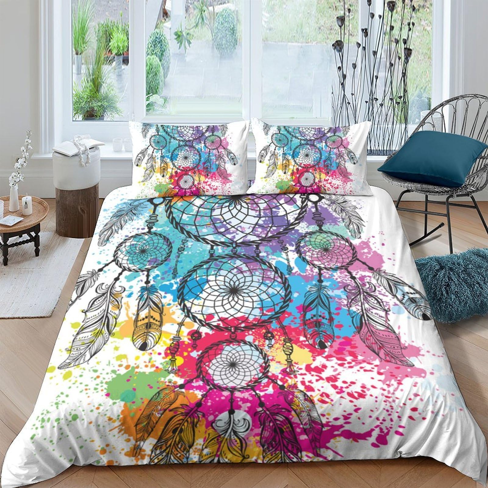 Ctjqhvkz Style-5 3D Printed Dreamcatcher Fitted Sheet Microfiber Colorful Splash Boho Feather Bed Cover For Bedroom Dorm Mattress Protection Single（135X200cm）