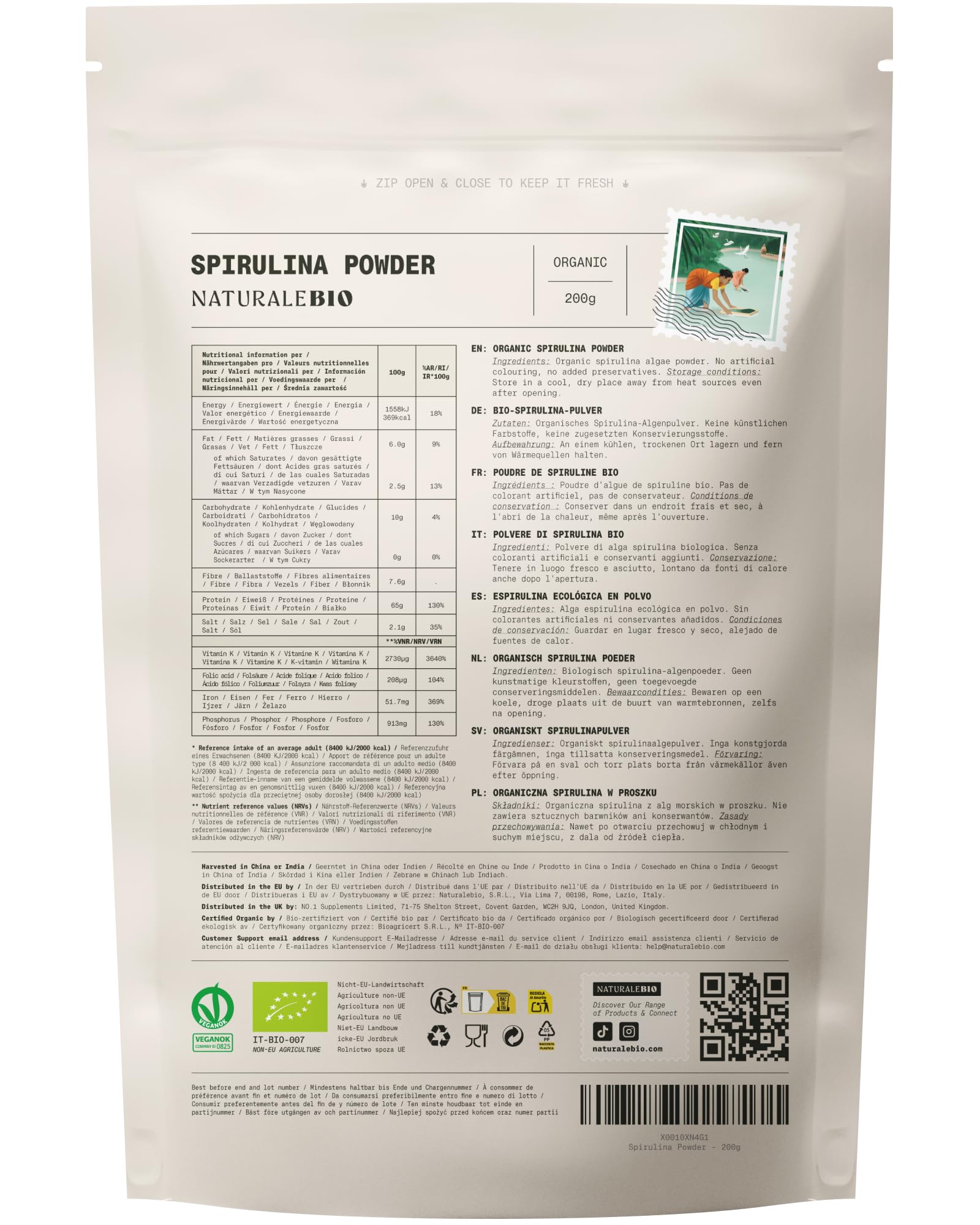 NaturaleBio Alga Spirulina Biologica in Polvere 200g. Bio, Naturale e Pura, Coltivata nelle regioni Tropicali dell'Asia. Ideale in Bevande, frullati o per Ricette. Adatta a Vegetariani e Vegani.
