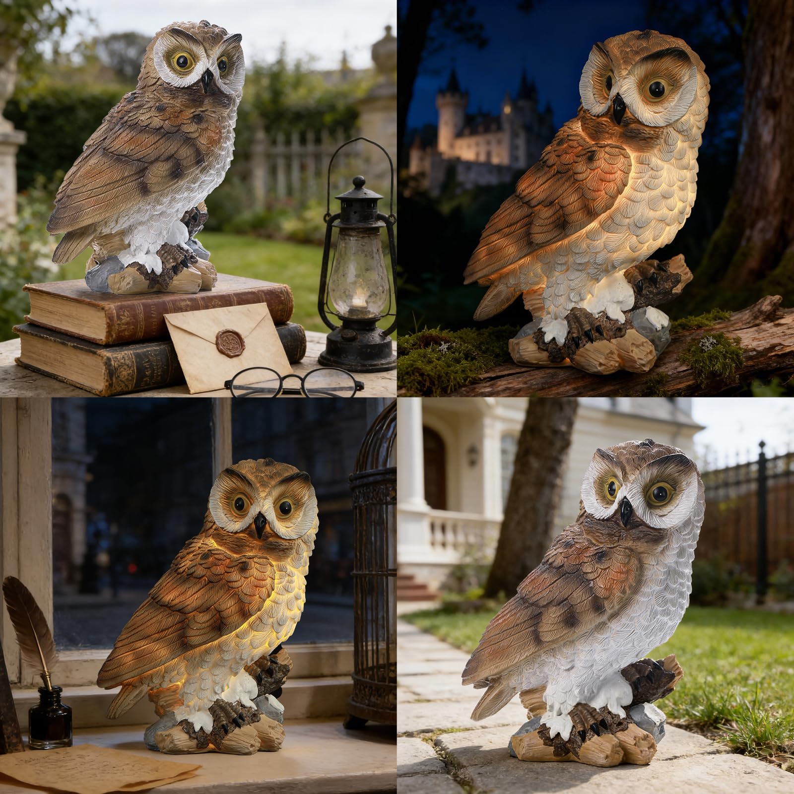 Estatua solar de búho para jardín, figura de resina resistente a la intemperie con luces LED, escultura de búho para porche, patio, césped y decoración de patio, ideal para inauguración de la