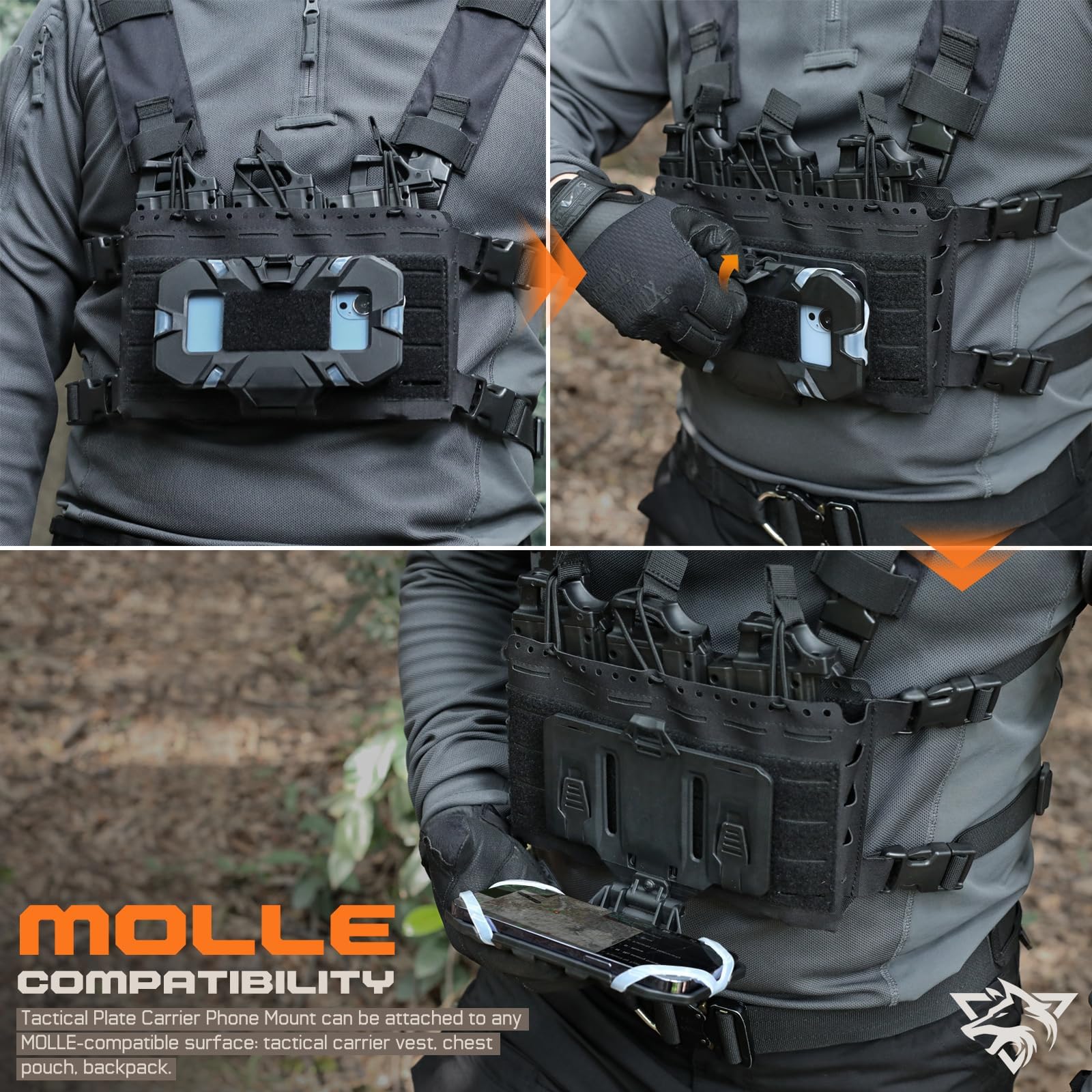 WYNEX Supporto tattico per cellulare con supporto per telefono Molle Vest Accessori per telefono cellulare Supporto per schermo da 4,7 a 6,7 pollici, nero