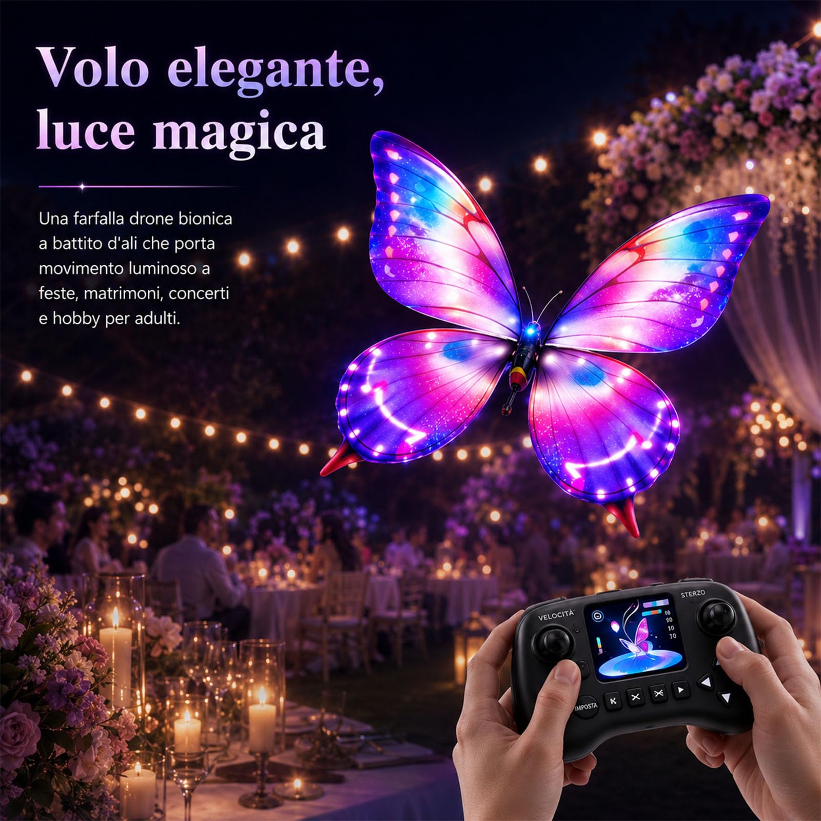 Drone Farfalla RC Bionico, Giocattolo Volante ad Ali Battenti con Luci LED e 3 Batterie, Controllo Assistito da Sensori per Principianti e Adulti