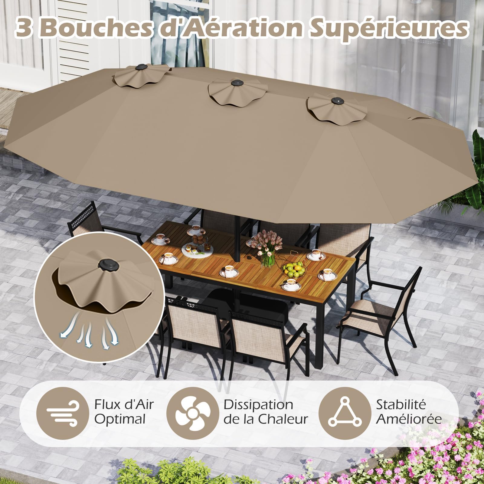 GOPLUS Parasol de Jardin Exterieur avec Pied, 4,5M Grand Parasol Rectangulaire Double Face, avec Manivelle, 12 Baleines, Base avec Sacs de Sable, pour Piscine Jardin Terrasse (Marron)