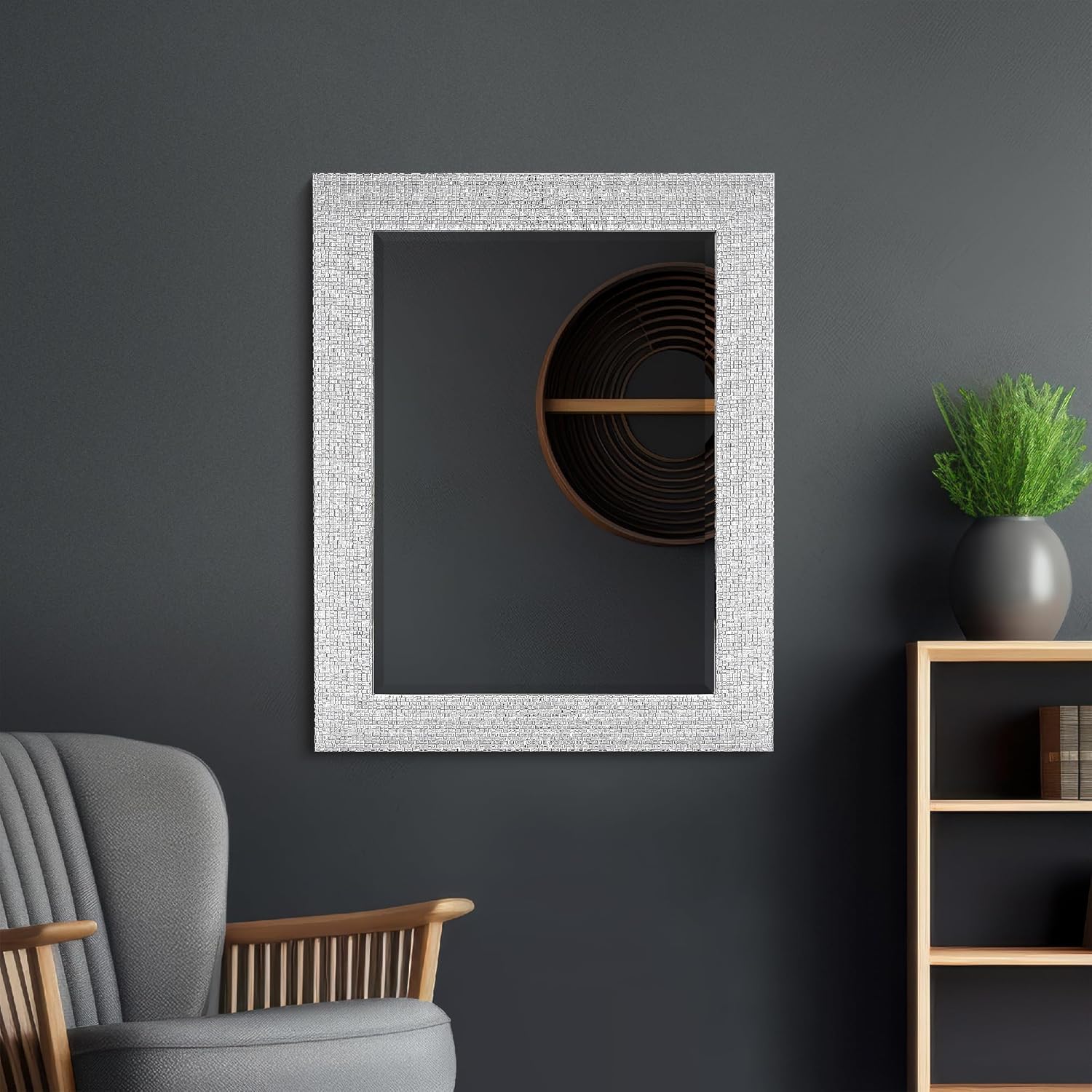 Head West Tile Textured Beveled Frame Chrome and White Mirror, Decorative Wall Mounted Framed Mirrors for Bathroom Sink, Bedroom, and Living Room, 23" x 29"