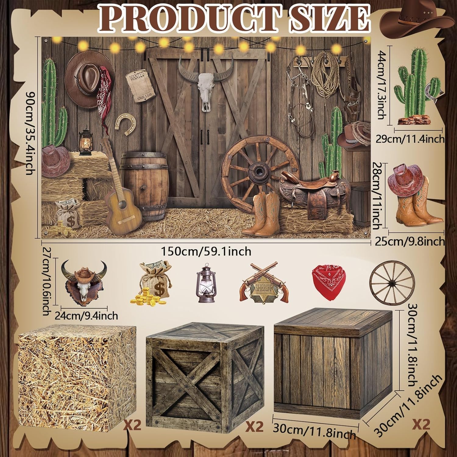 15 Pcs Western Cowboy Party Decorations Rustic Wooden House Barn Backdrop Wild West Hay Bales Boxes Trunk or Treat Car Decor for Halloween Farm Fall Harvest Thanksgiving Rodeo Birthday Party Supplies