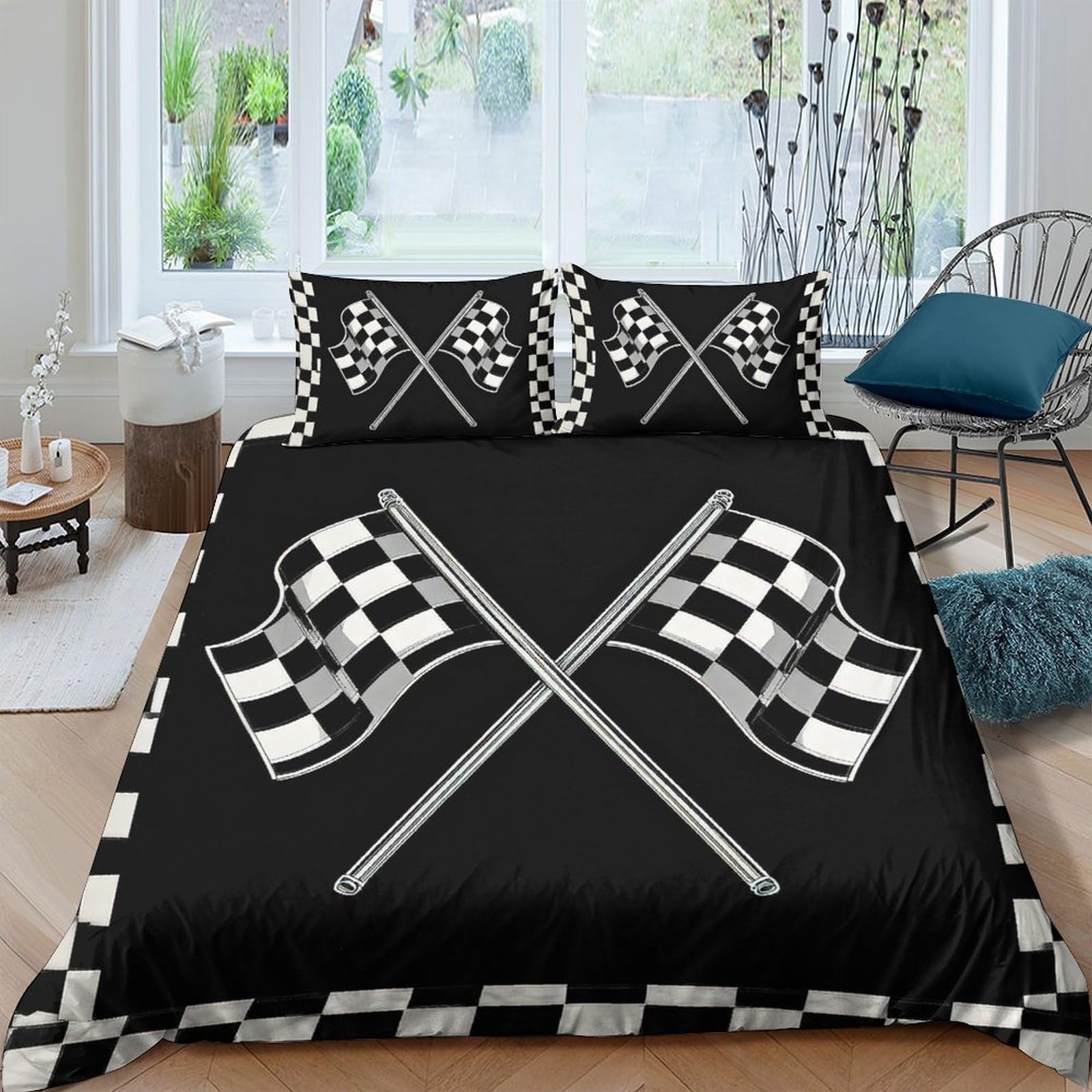 Ctjqhvkz Style-1 3D Printed Racing Checkered Flag Fitted Sheet Microfiber Soft Black White Bed Cover For Bedroom Guestroom Protection Decor Single（135X200cm）