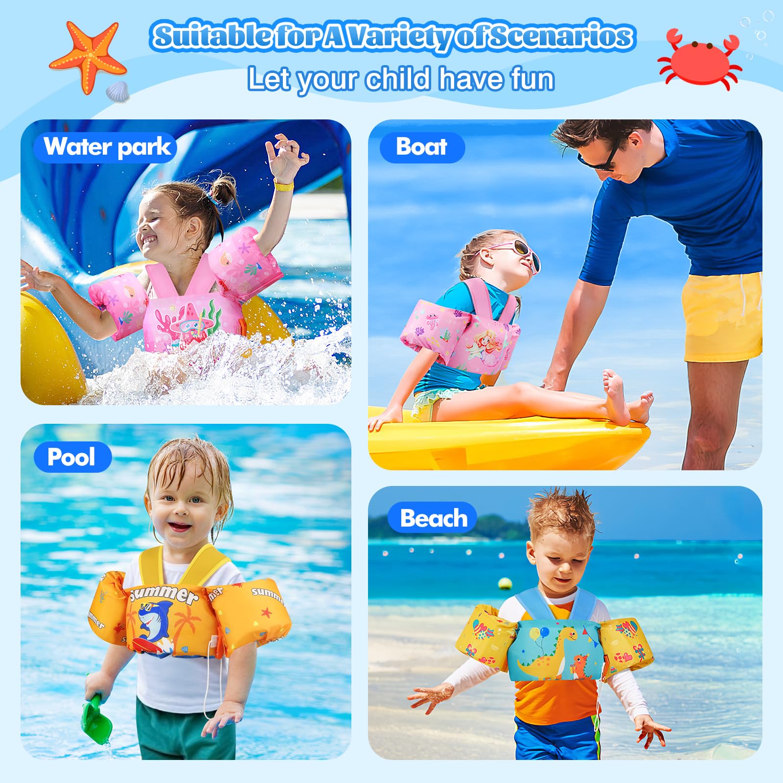 MoKo Chaleco de Natación Niños, Manguitos Flotadores de Natación para Niños con Silbato para Aprender Nadar, Brazaletes de Natación Flotante Niños