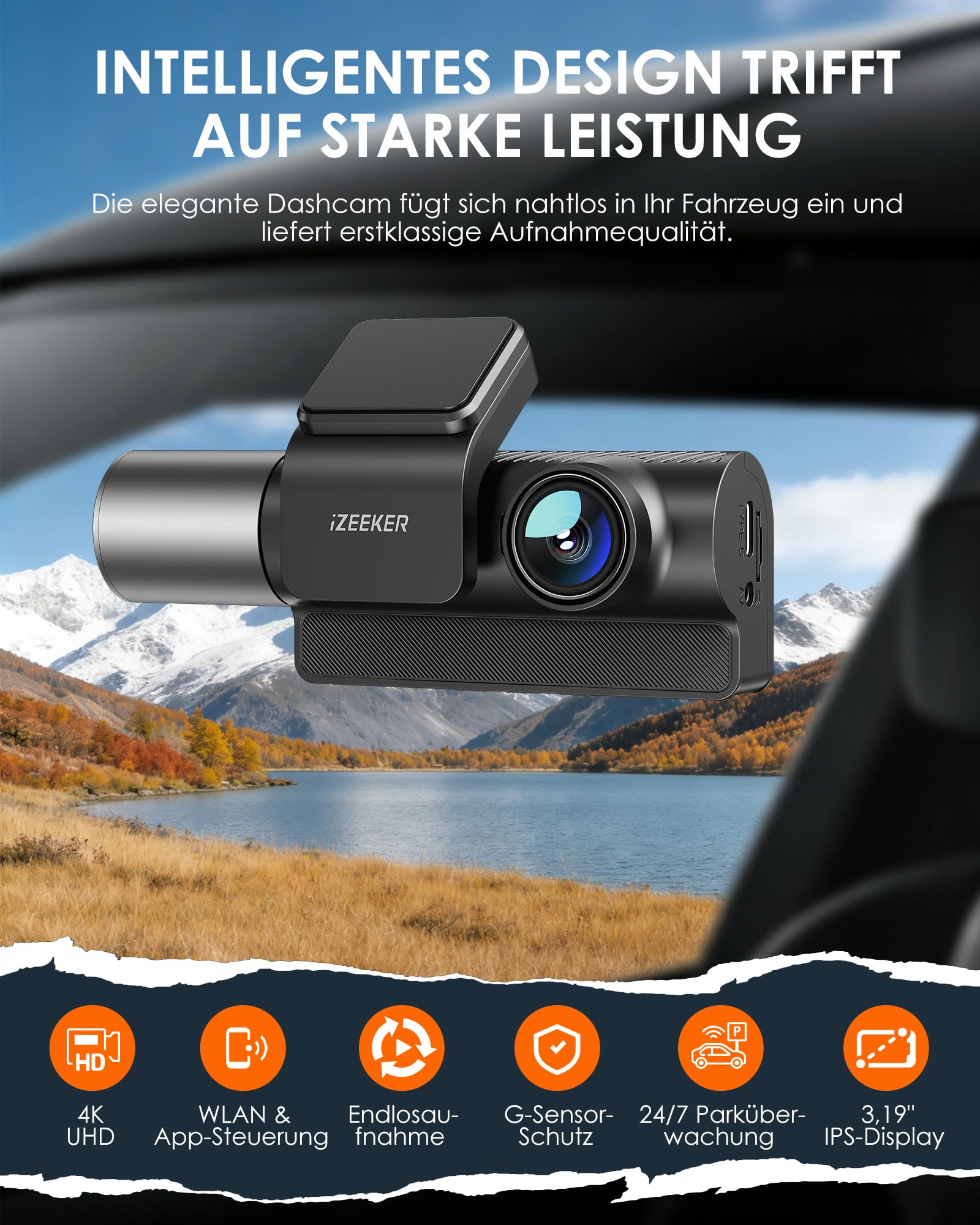 iZEEKER 3-Kanal 4K Dashcam Auto mit 32 GB Karte, 4K+1080P+1080P Vorne Hinten Innen, WDR, IR Nachtsicht, WiFi 6, Loop-Aufnahme, G-Sensor, 24h Parkmodus