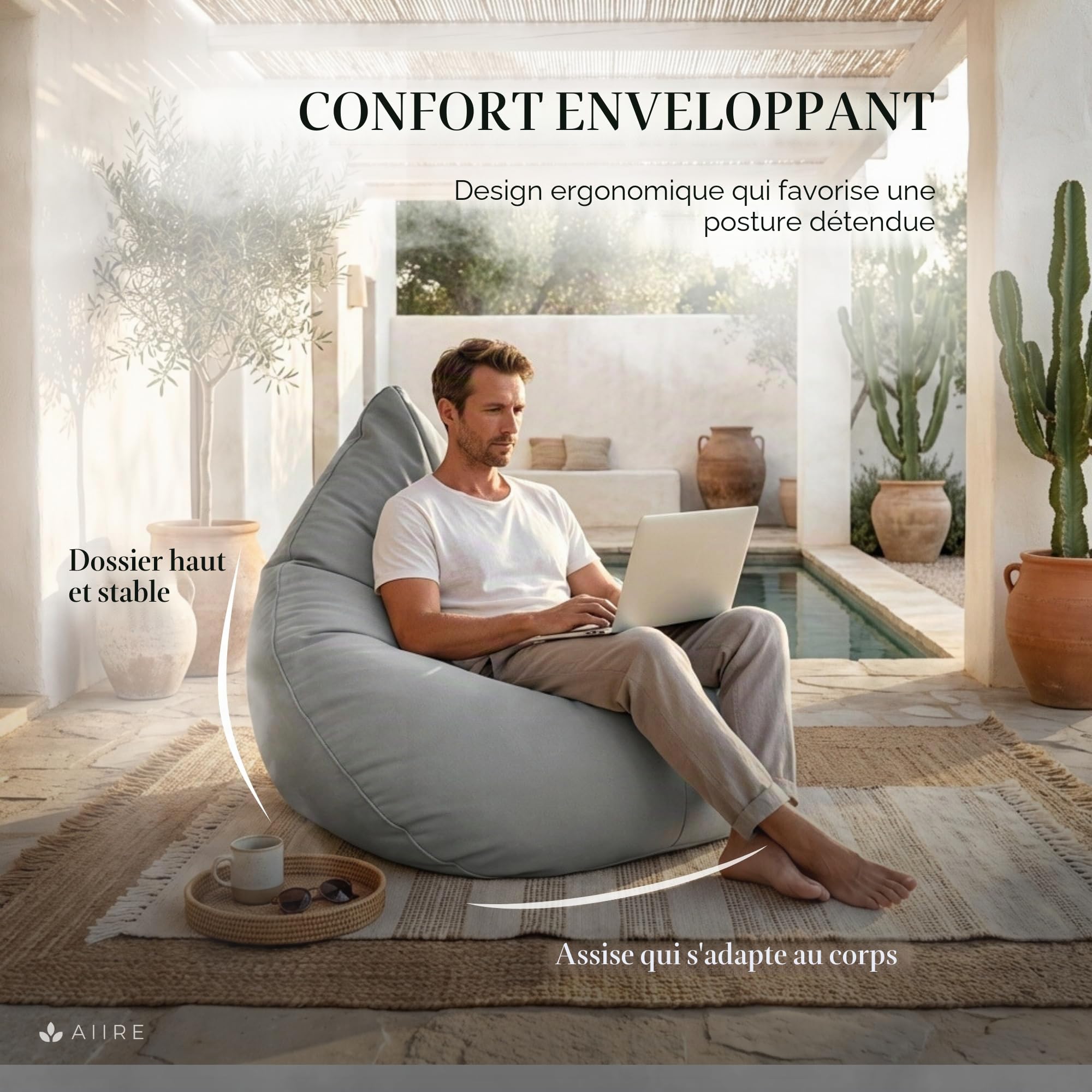 Aiire Pouf Exterieur XXL Design - Bean Bag Poire avec Remplissage pour Piscine et Jardin - Coussin de Sol ou Fauteuil de Lecture Géant - Pouffe Adulte, Gamer ou Ado Gris