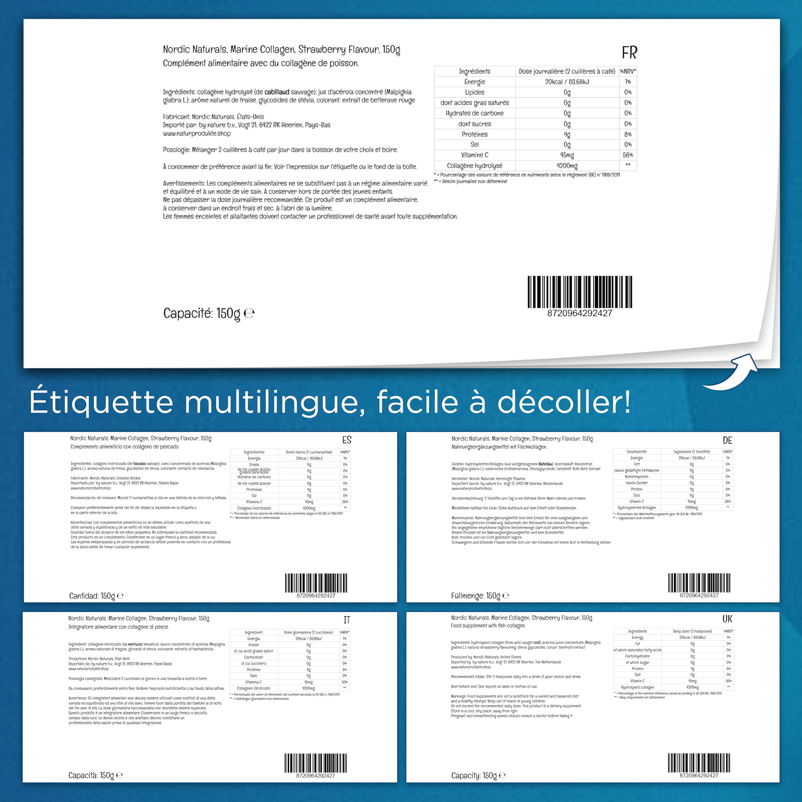 Nordic Naturals, Marine Collagen, Poudre de Collagène de Poisson, Goût Fraise, 150g de Poudre, Sans Gluten, Sans Soja, Sans OGM
