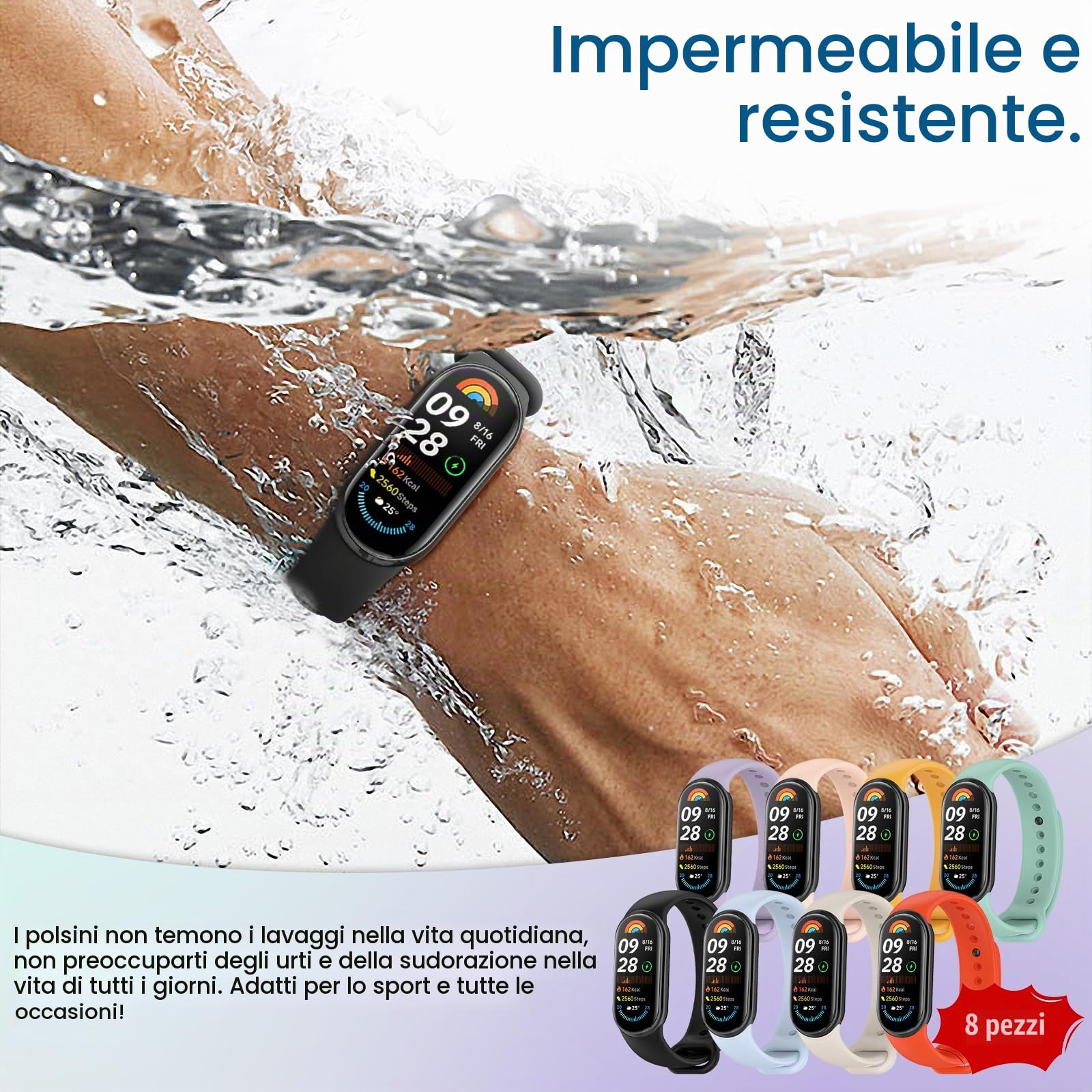 8 Cinturini In Silicone Per Xiaomi Mi Band 9 E 8 - Sportivi, Morbidi, Impermeabili, Colori Vari, Regolabili Da 150 A 210mm