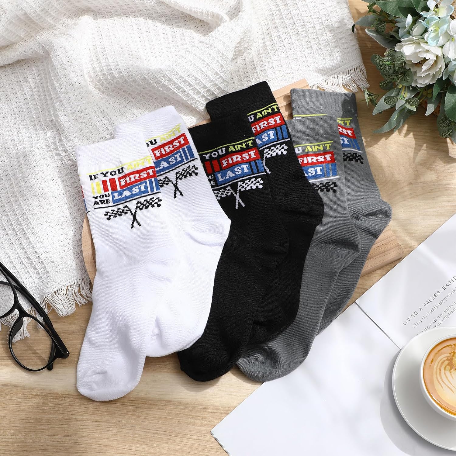 3 Pairs If You Ain't First You Are Last Racing Socks Motivational Novelty Socks for Racing Fans Checkered Flag Crew Sock for Race Car Party Favors Birthday Motivational Gifts for Men - Image 2