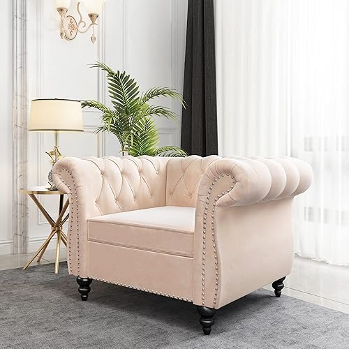 QHITTY Accent Chair, Chesterfield Chair Modern Velvet Upholstered Chair with Tufted Back for Living Room Furniture (Beige)