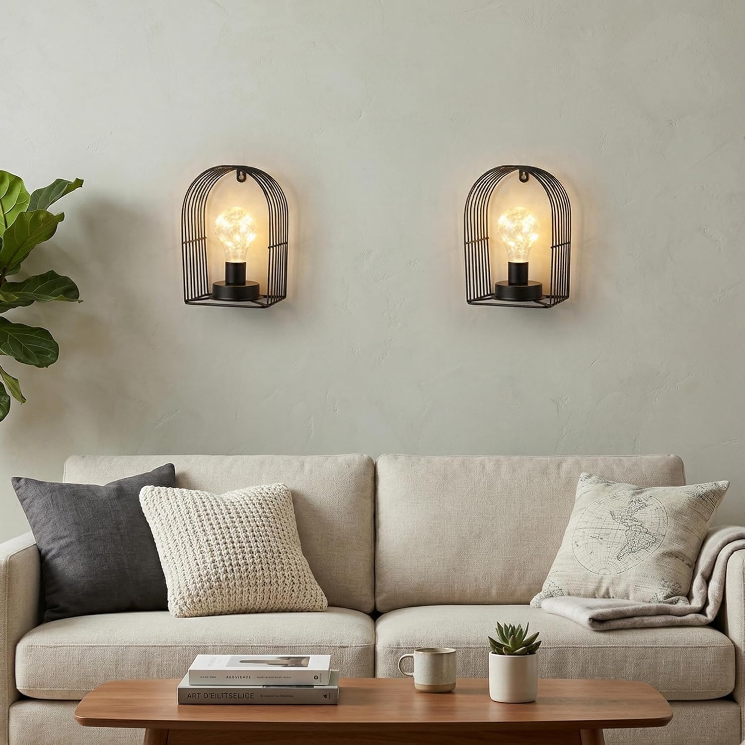 JHY DESIGN Set of 2 Battery Operated Wall Sconce 7''H Metal Wall Mount Lamp with 6-Hour Timer and Fairy Lights Bulb Table Lamp Wall Decor for Bedroom Living Room Hallway Stairway(Arch Shape)