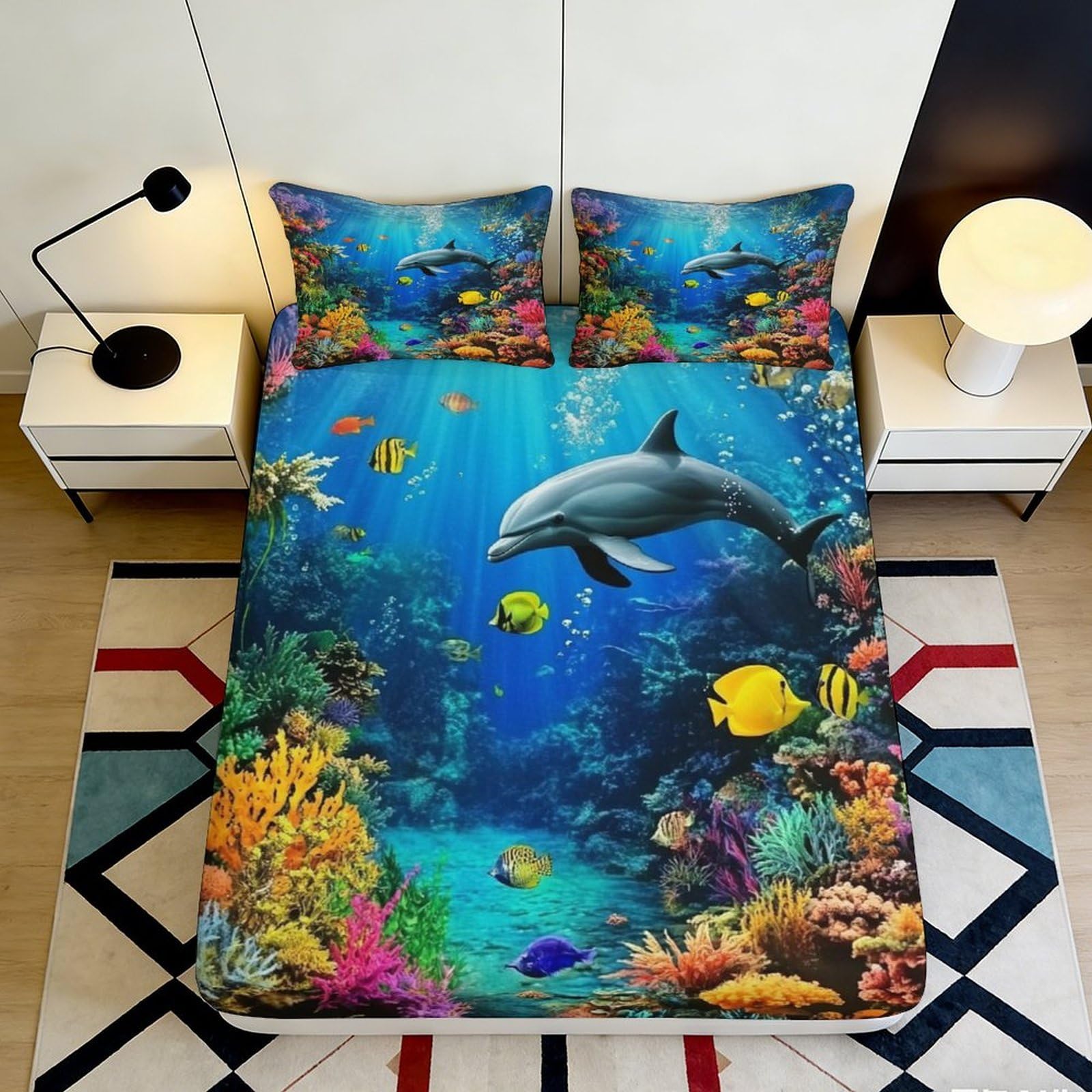 3D Printed Ocean Dolphin Fitted Sheet Microfiber Soft Underwater Coral Mattress Cover for Bedroom Dorm Easy Care Decor 90x200x25cm
