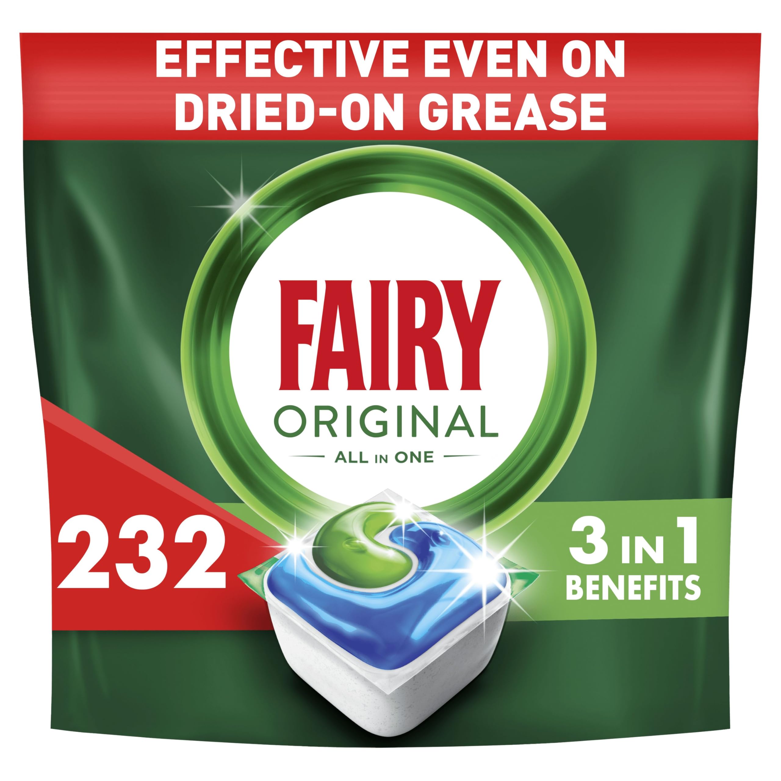 Fairy Original All in One Geschirrspüler-Tabs Regular, 232 Tabletten, Wirksam Selbst bei eingetrocknetem Fett | (116x2) Wirksam gegen eingebranntes Fett Superschnelle Auflösung Ohne Geruch und Rückstände
