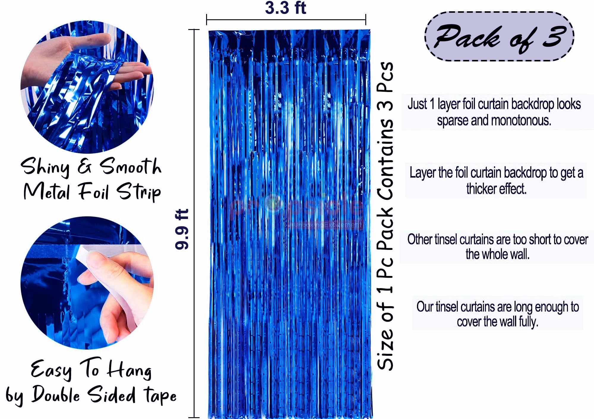 Propsicle Metallic Blue Foil Fringe Curtain Backdrop 3ft x 6ft Pack of 3 | Tinsel Streamer Decoration for Birthday, Baby Shower, Graduation, Bachelor, Bachelorette Celebration