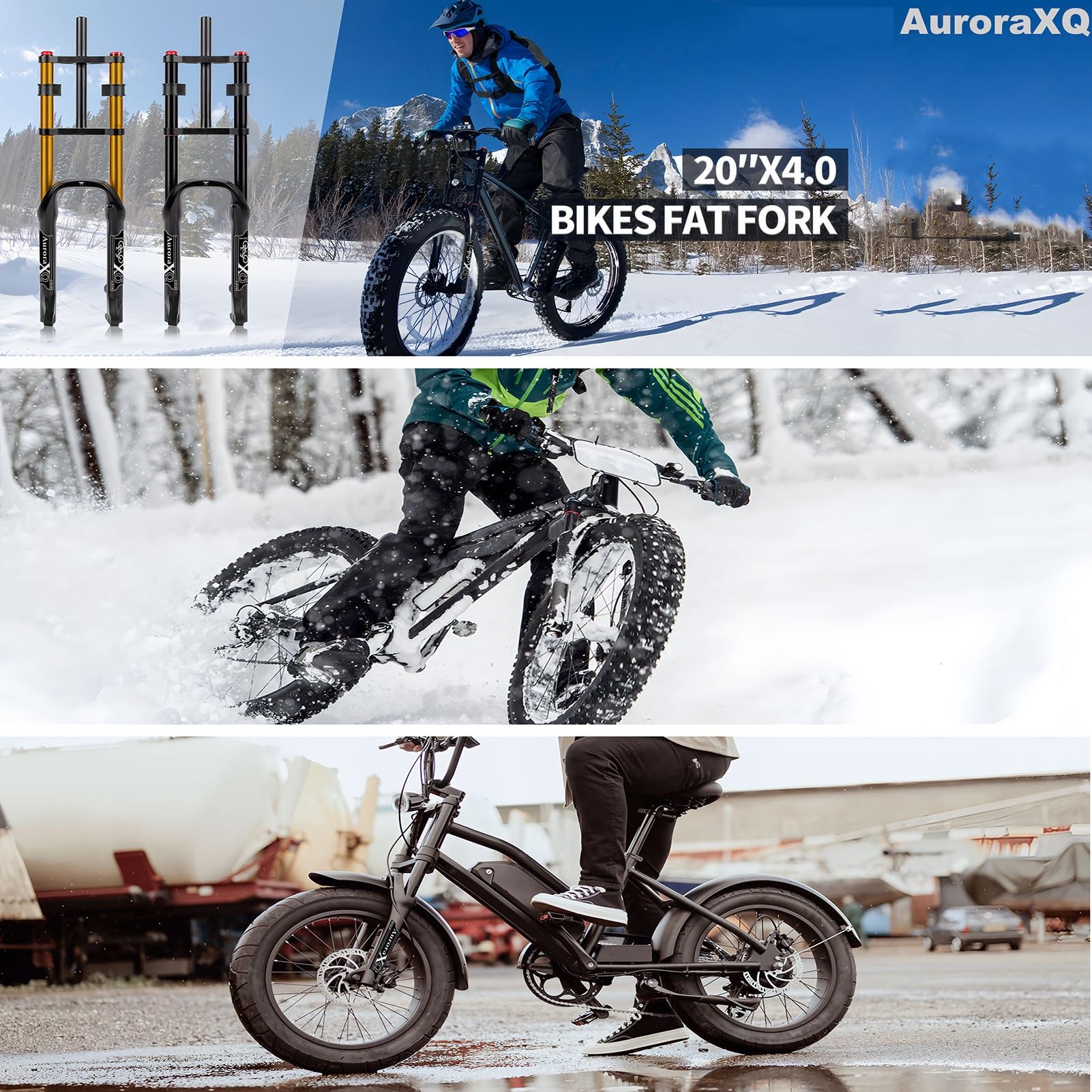 Forcella Ammortizzata AuroraXQ per Bici da 26" x 4", Adatta a Pneumatici da 26" 4.0", Escursione 190 mm, Regolazione del Ritorno per Freni a Disco, 9x135 mm, Oro/Nero.