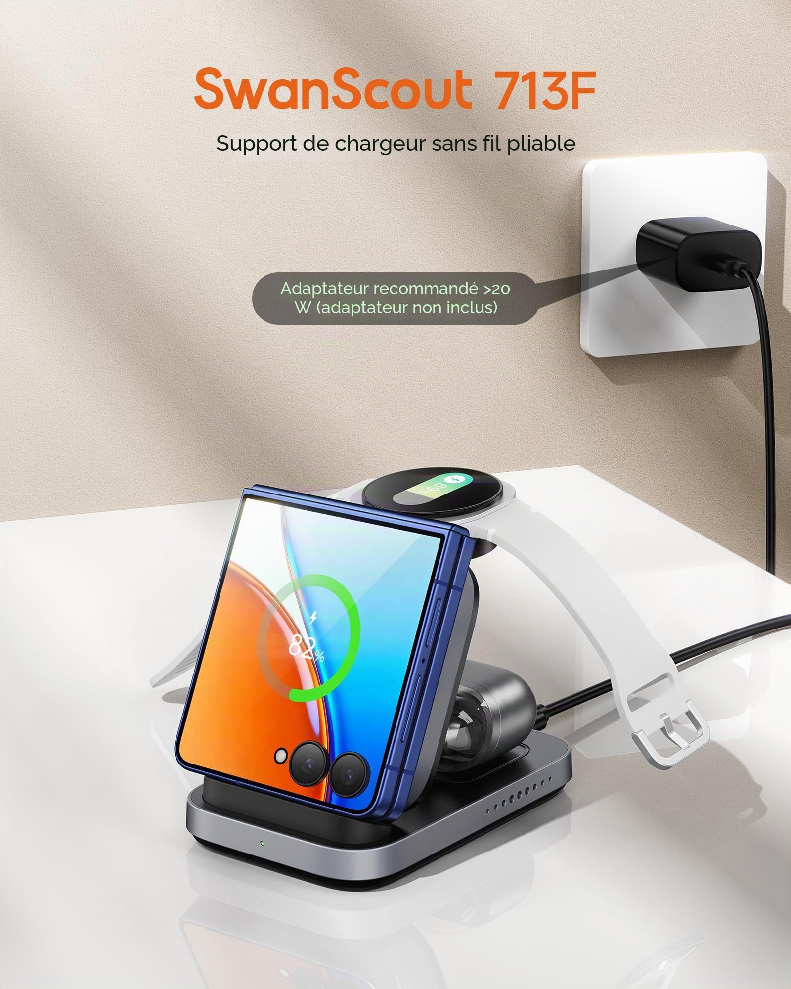 3-en-1 Chargeur Induction pour Samsung Z Flip 8/7/Galaxy Watch 8/Ultra/7/6 | Station de Charge pour Z Flip 6/5/Moto Razr 70/60, Chargeur sans Fil pour Galaxy Watch, Pliable pour Voyage, Sans Adaptateur