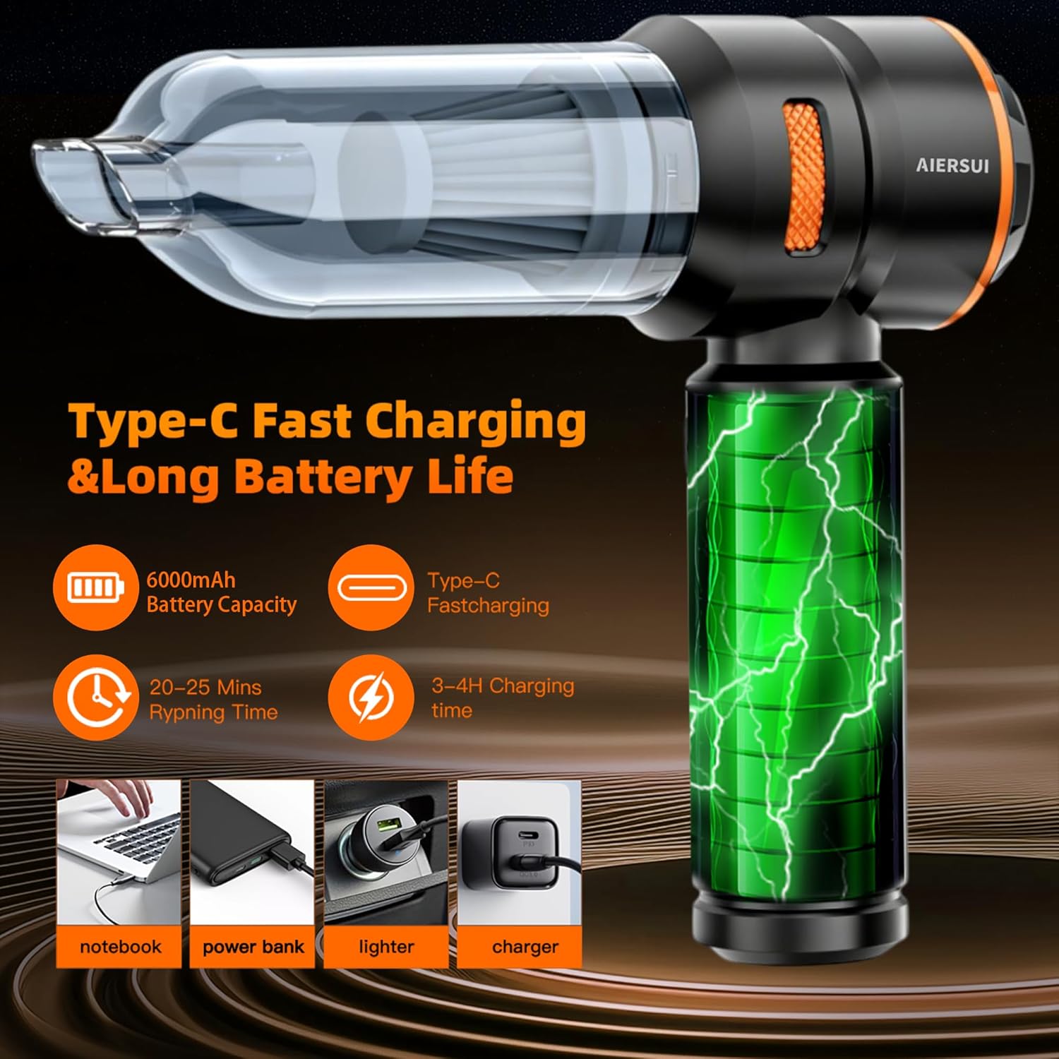 Super-Powered car mini Vacuum Cleaner 80,000RPM, Four-in-one: Blower, Vacuum Cleaner, air Extractor, and Pump. Handheld dust Collector, Handheld dust Blower, Hair Dryer, Cordless (Orange)