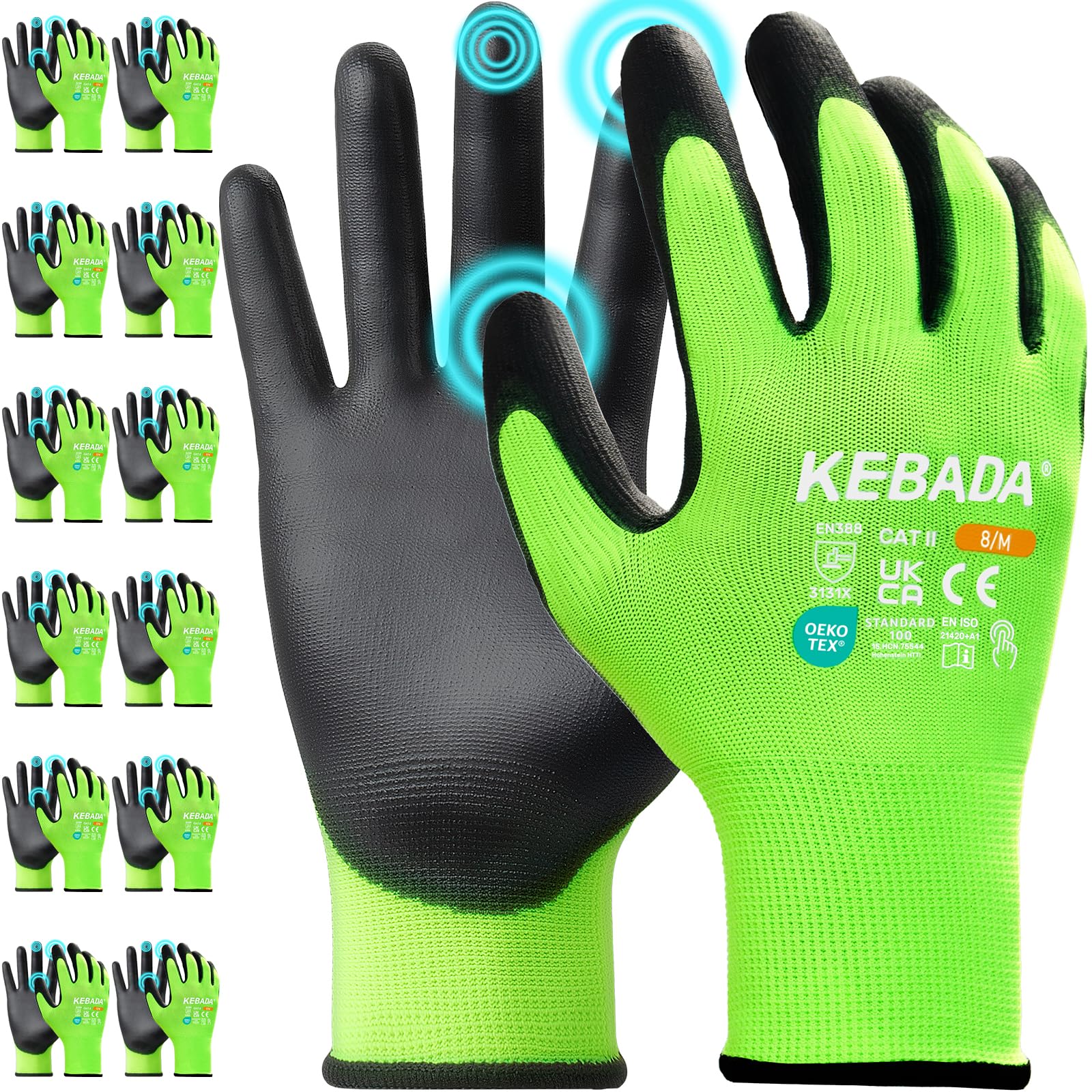 Kebada Work Gloves for Men & Women, Touchscreen, PU Coated, W1, 12 Pairs