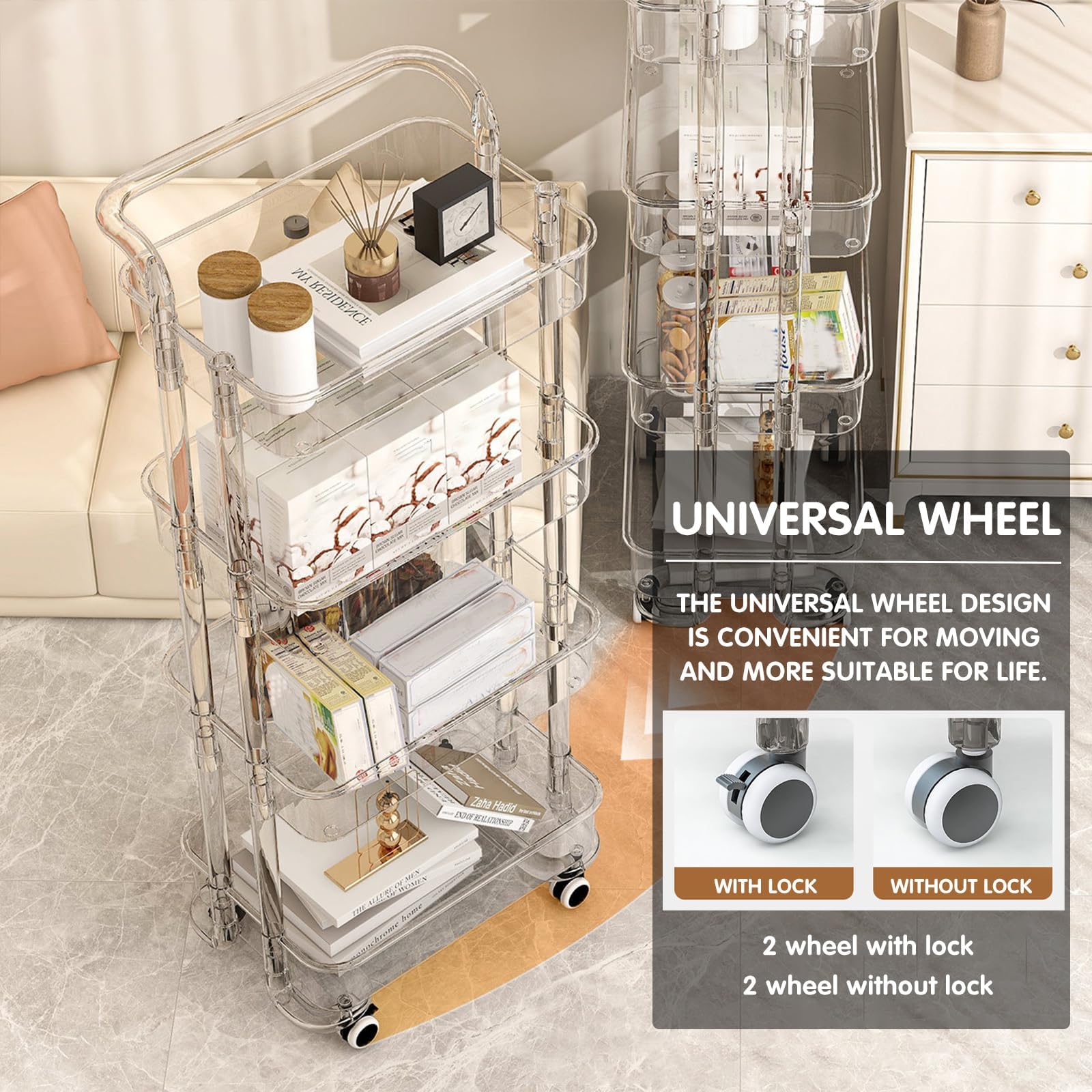 SDdPulse Carrello portaoggetti multifunzione con ruote bloccabili, per cucina, bagno, casa e ufficio, scaffale mobile per una facile organizzazione, 4 ripiani, trasparente, 4 ripiani