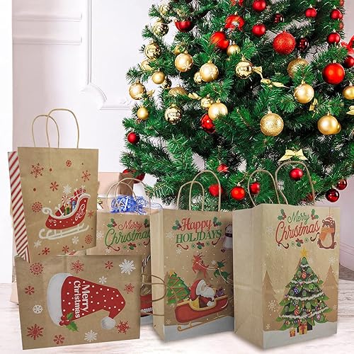 Miniatura 5 de PICOKOLOMO 24 bolsas de regalo de papel kraft de Navidad con asa, bolsas de regalo para fiestas de Navidad (incluye papel de seda)
