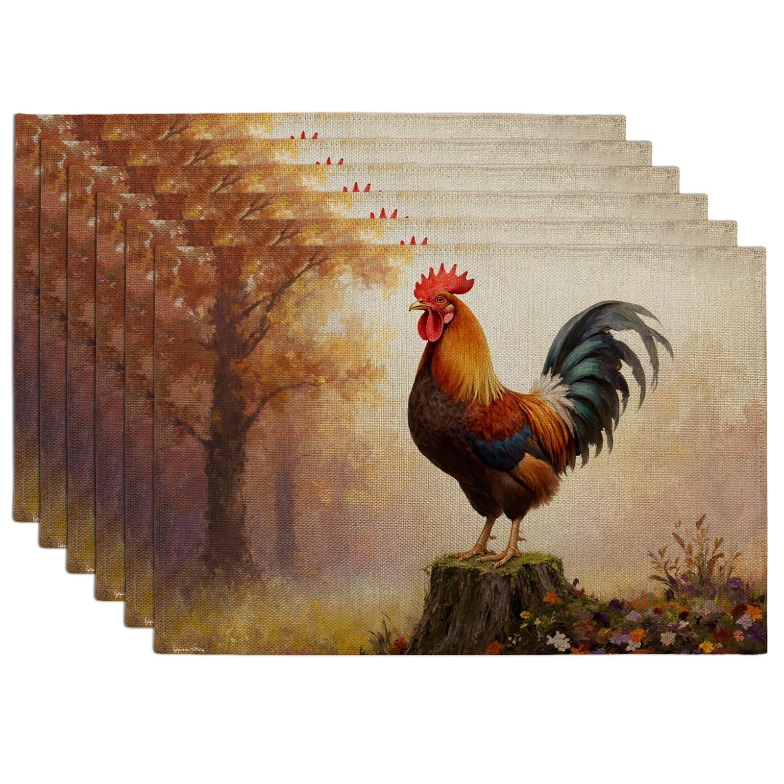 Rooster Placemats, Rustic Autumn Farmhouse Table Mats for Dining, Seasonal Non-Slip Washable Indoor Outdoor Kitchen Party Decorative Placemat Set of 6