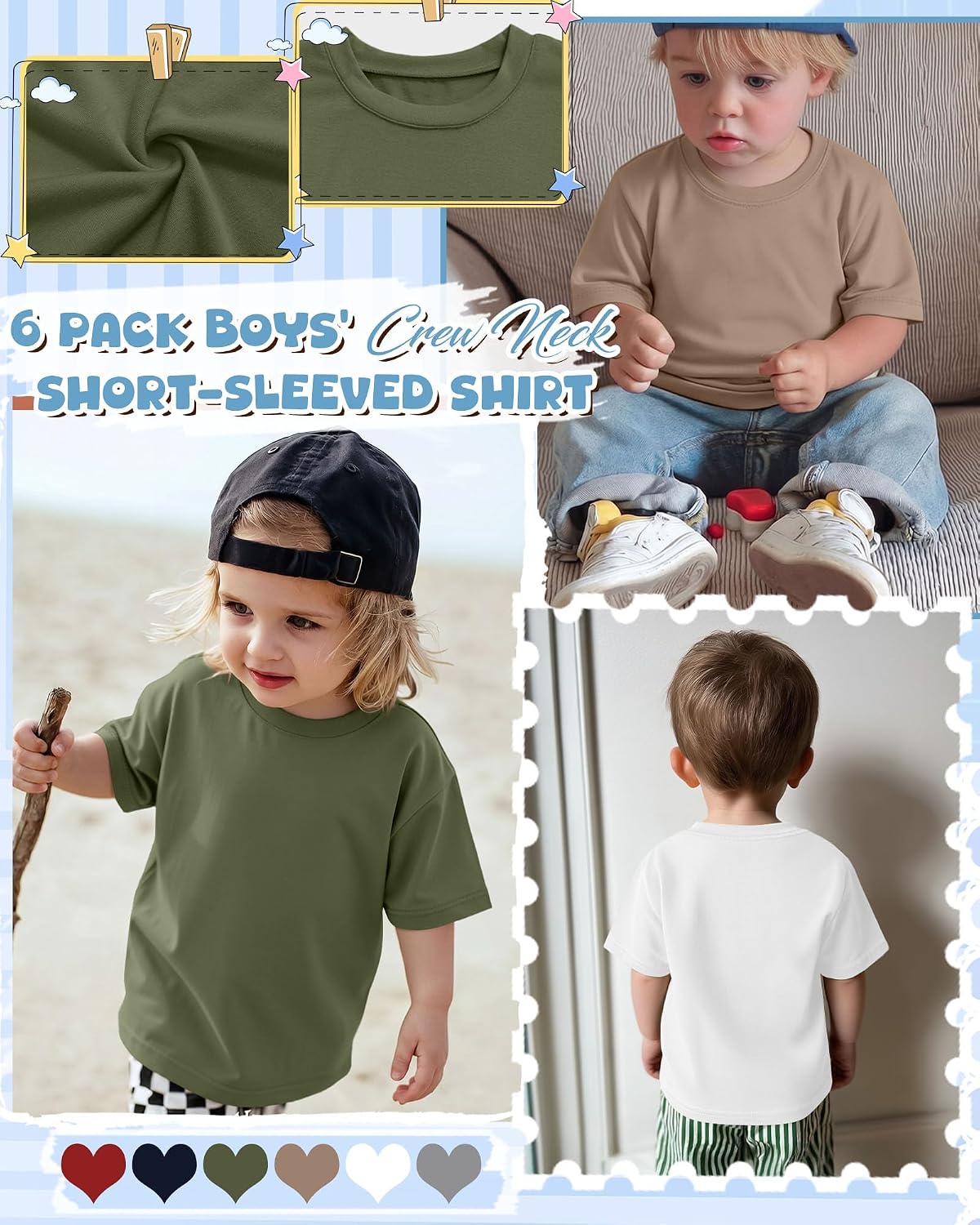 6 Pack Toddler Boys Cotton Short Sleeve T Shirts Crewneck Tees Kids Baby Solid Basic Tops Clothes Summer